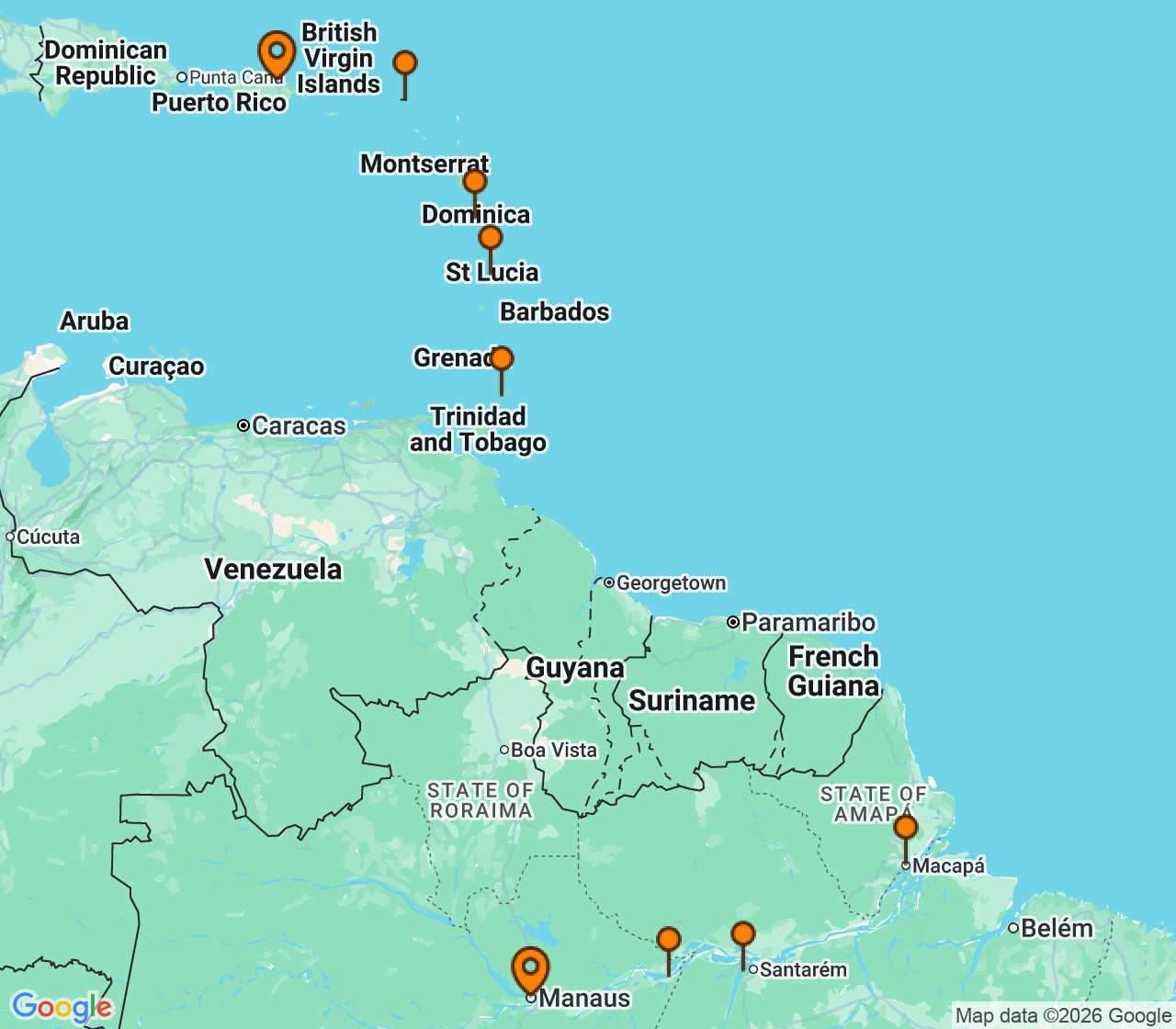 Harta itinerariu Croaziera 2028 - Grand Voyage si Tematice (Raul Amazon, Manaus, Brazilia) - Explora Journeys - Explora II - 10 nopti