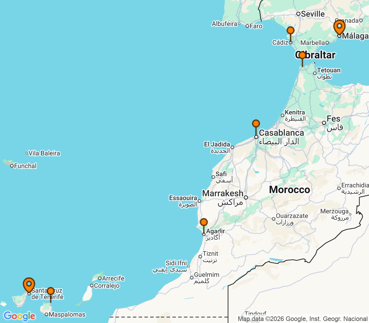 Harta itinerariu Croaziera 2027 - Mediterana (Malaga, Spania) - Windstar Cruises - Wind Spirit - 10 nopti