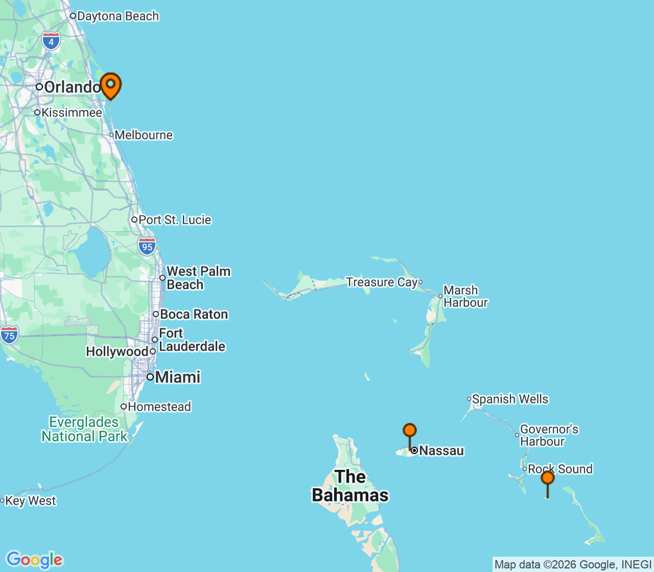 Harta itinerariu Croaziera 2026 - Caraibe si America Centrala (Port Canaveral, FL) - Carnival Cruise Line - Carnival Freedom - 4 nopti