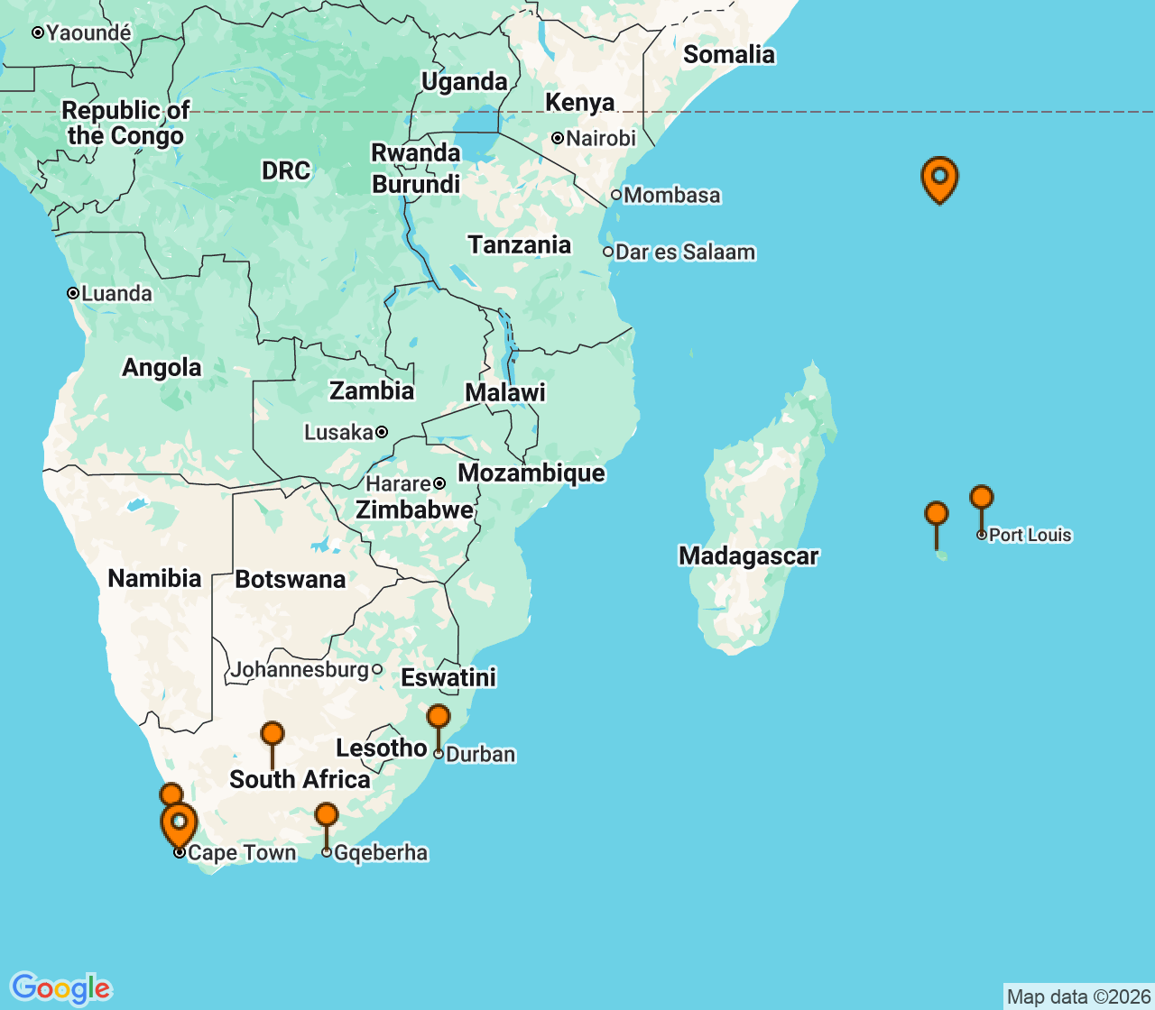 Harta itinerariu Croaziera 2027 - Africa (Mahe, Seychelles) - Silversea Cruises - Silver Dawn - 14 nopti