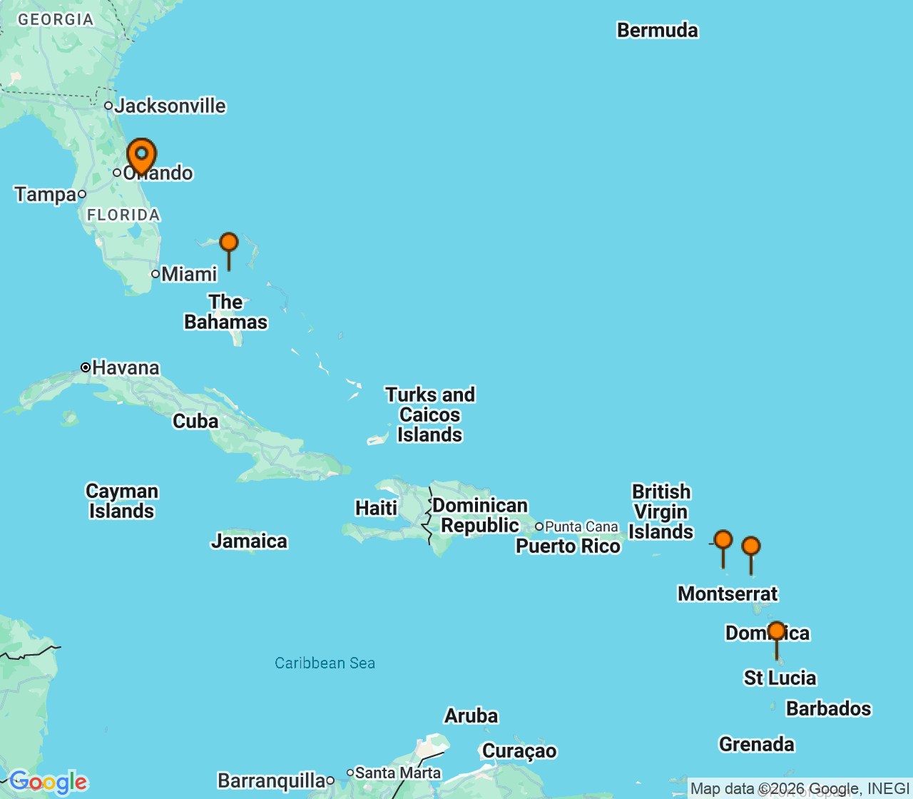 Harta itinerariu Croaziera 2028 - Caraibe si America Centrala (Port Canaveral, FL) - Royal Caribbean Cruise Line - Adventure of the Seas - 9 nopti