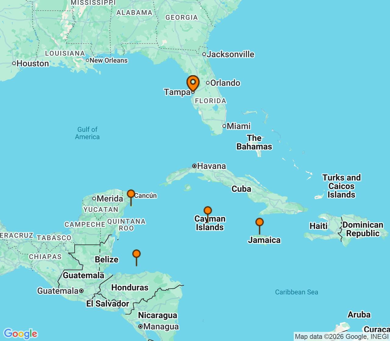 Harta itinerariu Croaziera 2027 - Caraibe si America Centrala (Tampa, FL) - Royal Caribbean Cruise Line - Brilliance of the Seas - 8 nopti
