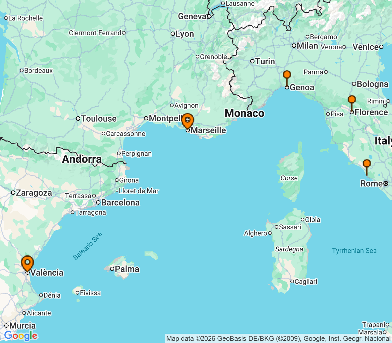 Harta itinerariu Croaziera 2027 - Mediterana (Marseille, Franta) - MSC Cruises - MSC Sinfonia - 5 nopti