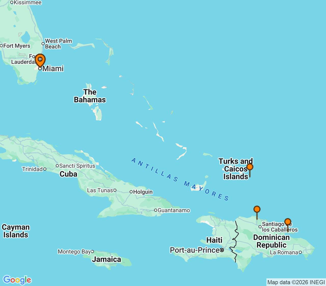 Harta itinerariu Croaziera 2027 - Caraibe si America Centrala (Miami, FL) - Virgin Voyages - Resilient Lady - 6 nopti