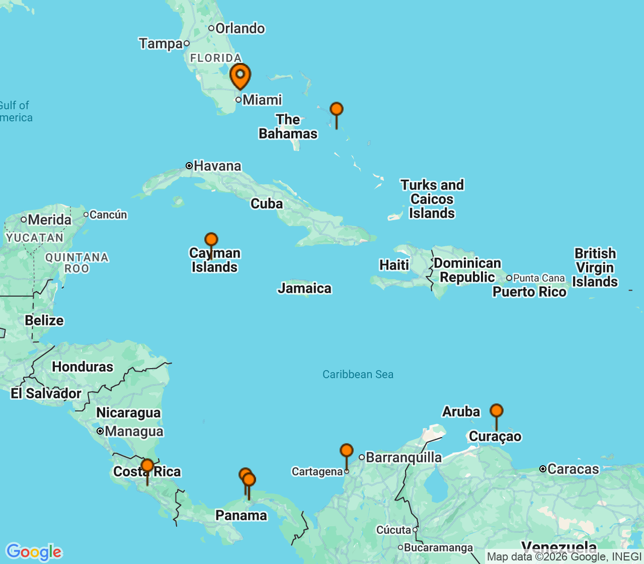 Harta itinerariu Croaziera 2027 - Caraibe si America Centrala (Fort Lauderdale, Florida) - Holland America Line - Volendam - 12 nopti