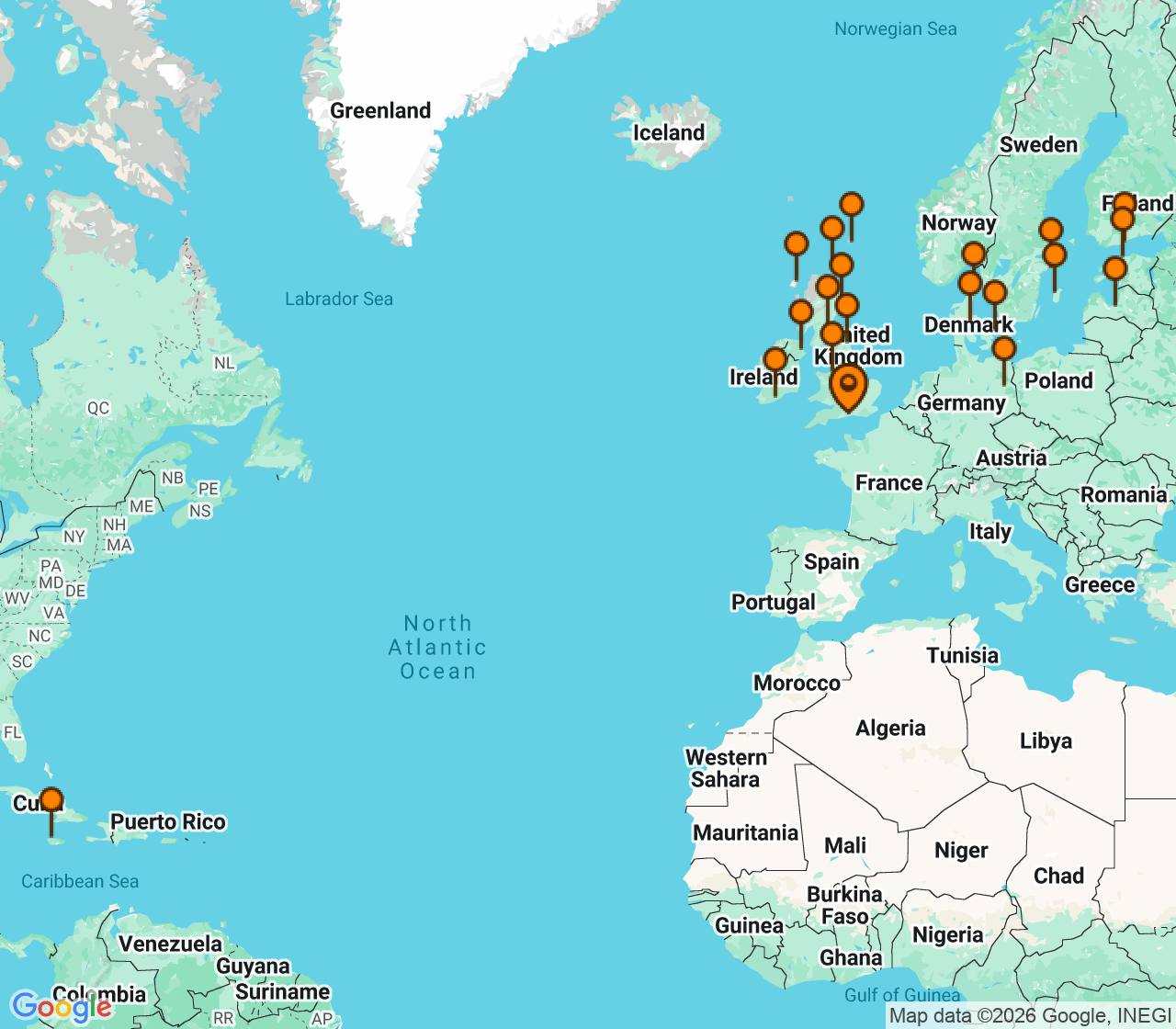 Harta itinerariu Croaziera 2027 - Europa de Nord (Southampton, Anglia) - Oceania Cruises - Marina - 26 nopti