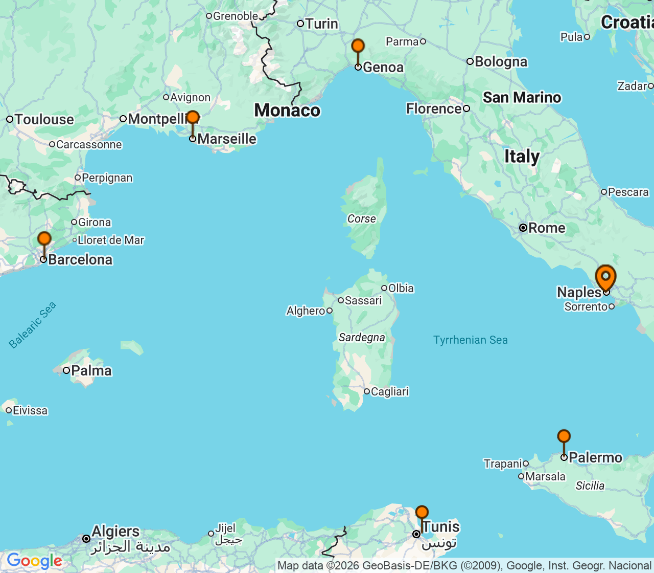 Harta itinerariu Croaziera 2026 - Mediterana (Napoli, Italia) - MSC Cruises - MSC Euribia - 7 nopti