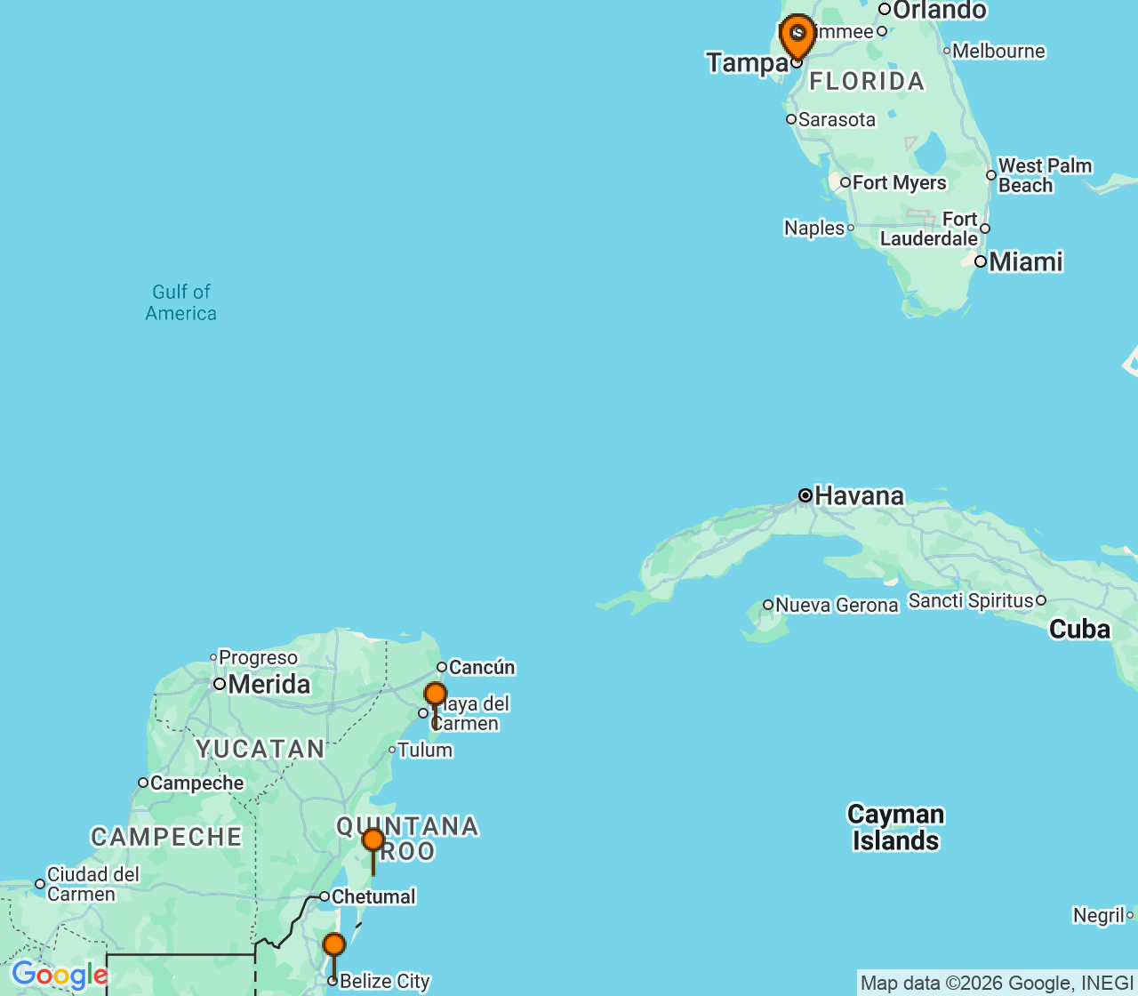 Harta itinerariu Croaziera 2026 - Caraibe si America Centrala (Tampa, FL) - Celebrity Cruises - Celebrity Summit - 7 nopti