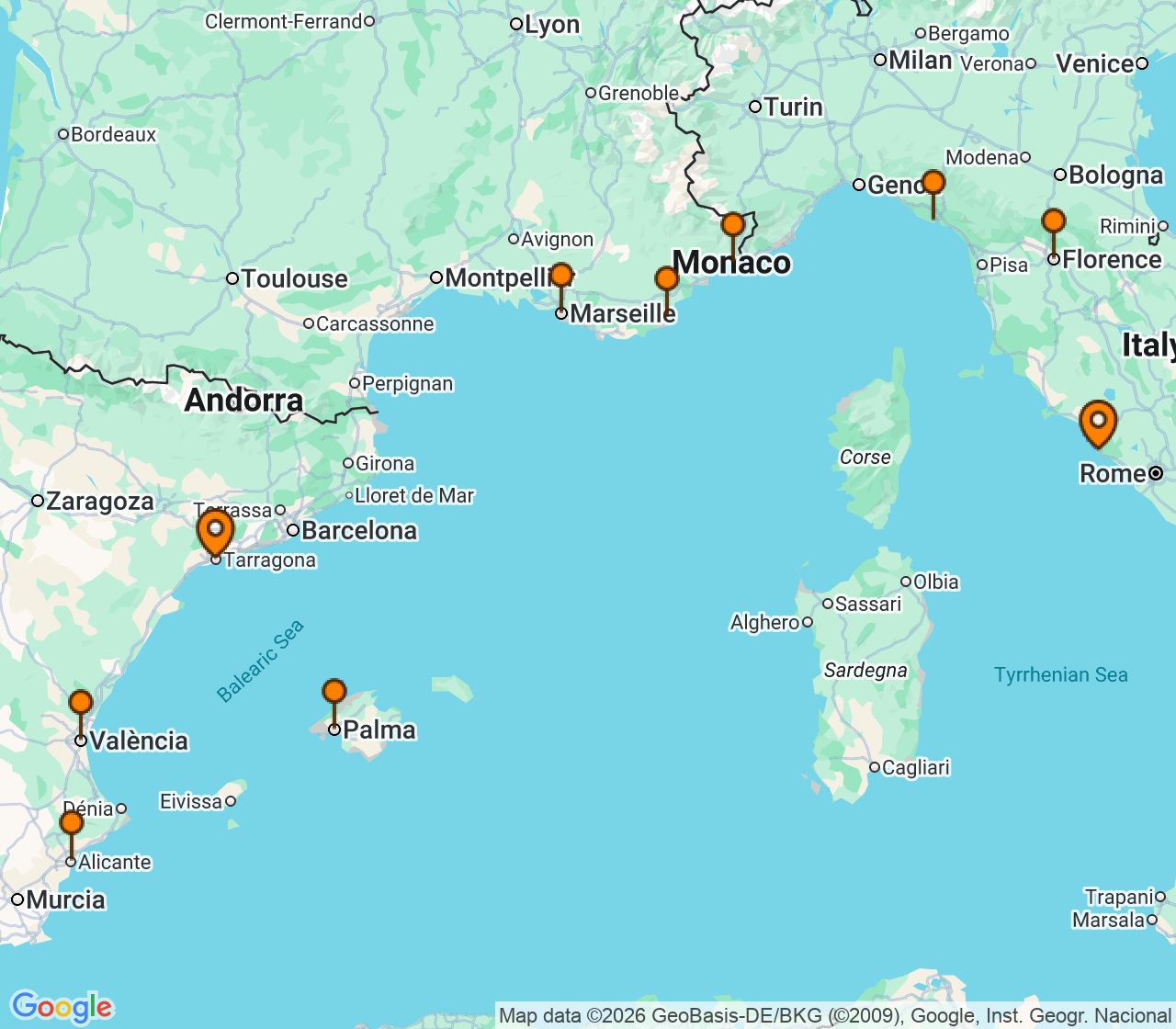 Harta itinerariu Croaziera 2027 - Mediterana (Barcelona, Spania) - Oceania Cruises - Marina - 10 nopti