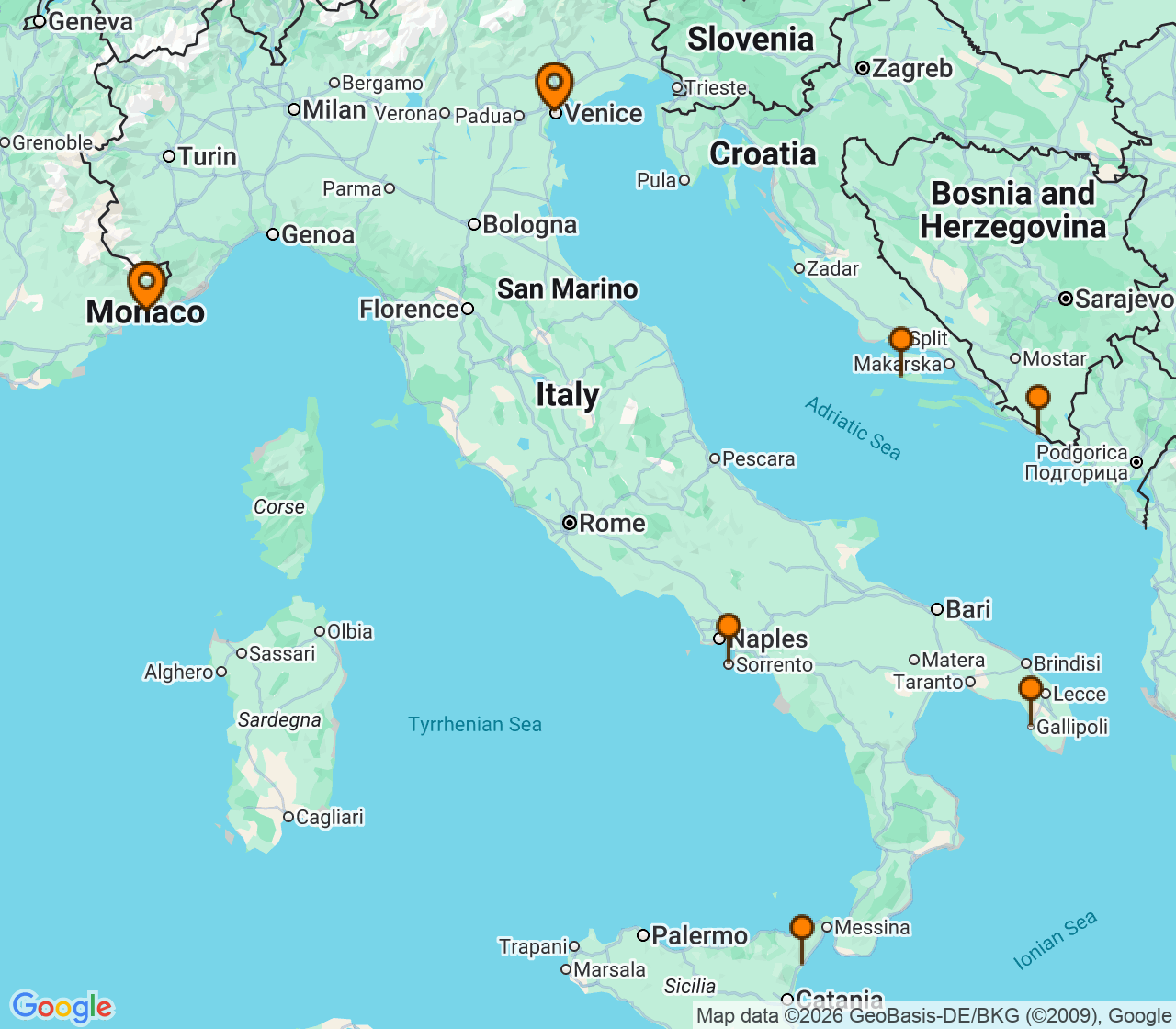 Harta itinerariu Croaziera 2027 - Mediterana (Venetia, Italia) - Silversea Cruises - Silver Ray - 7 nopti