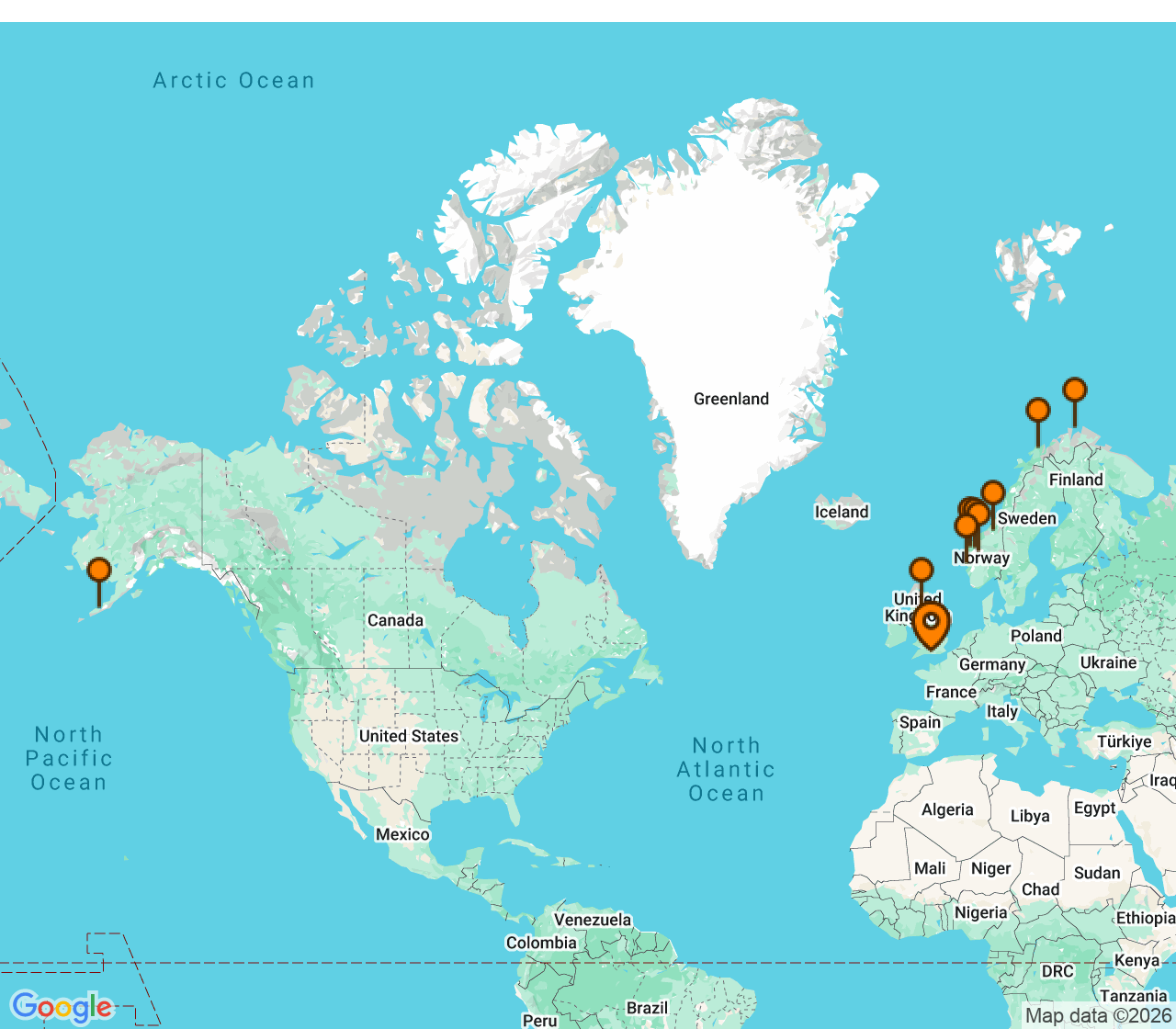 Harta itinerariu Croaziera 2027 - Europa de Nord (Southampton, Anglia) - Princess Cruises - Sky Princess - 14 nopti