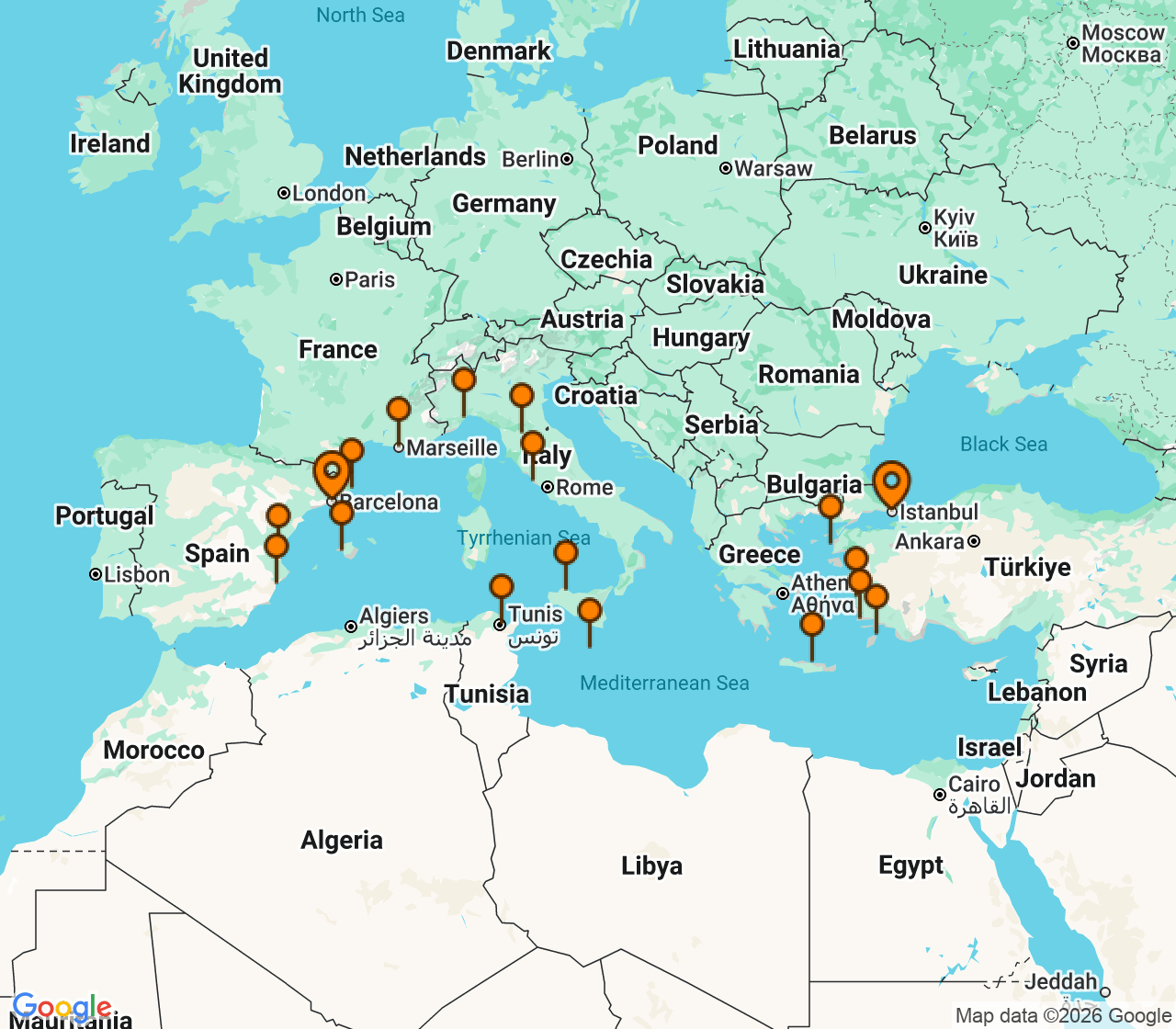 Harta itinerariu Croaziera 2028 - Grand Voyage si Tematice (Barcelona, Spania) - Oceania Cruises - Allura - 19 nopti