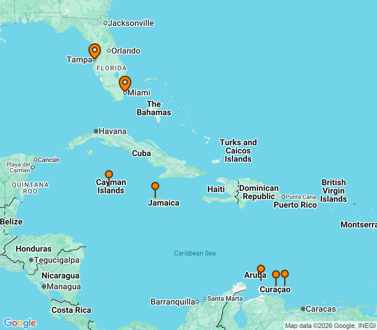Harta itinerariu Croaziera 2026 - Caraibe si America Centrala (Miami, FL) - Regent Seven Seas Cruises - Seven Seas Mariner - 10 nopti