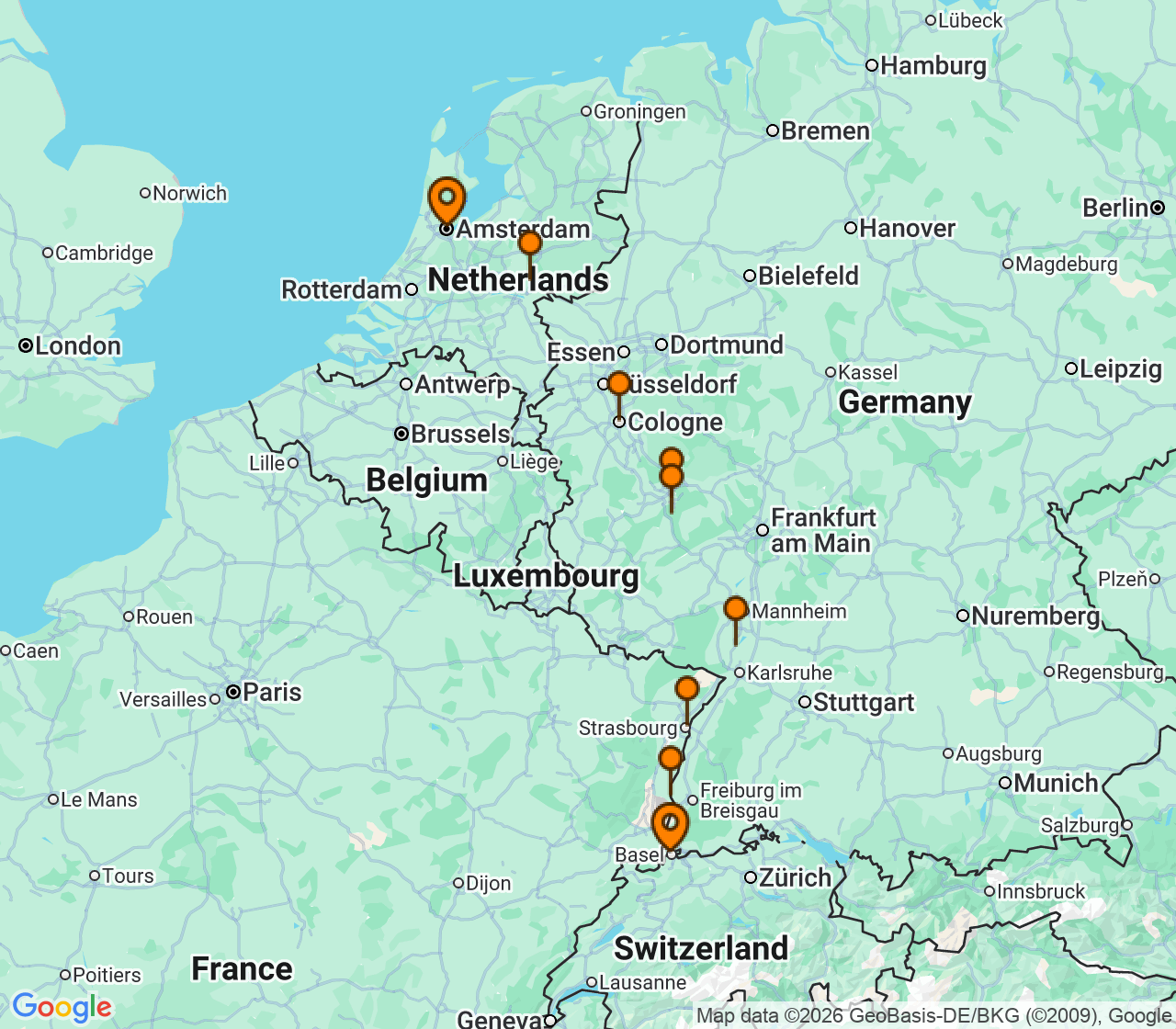 Harta itinerariu Croaziera 2027 - Europa de Nord (Amsterdam, Olanda) - Uniworld River Cruises - S.S. Emilie - 9 nopti