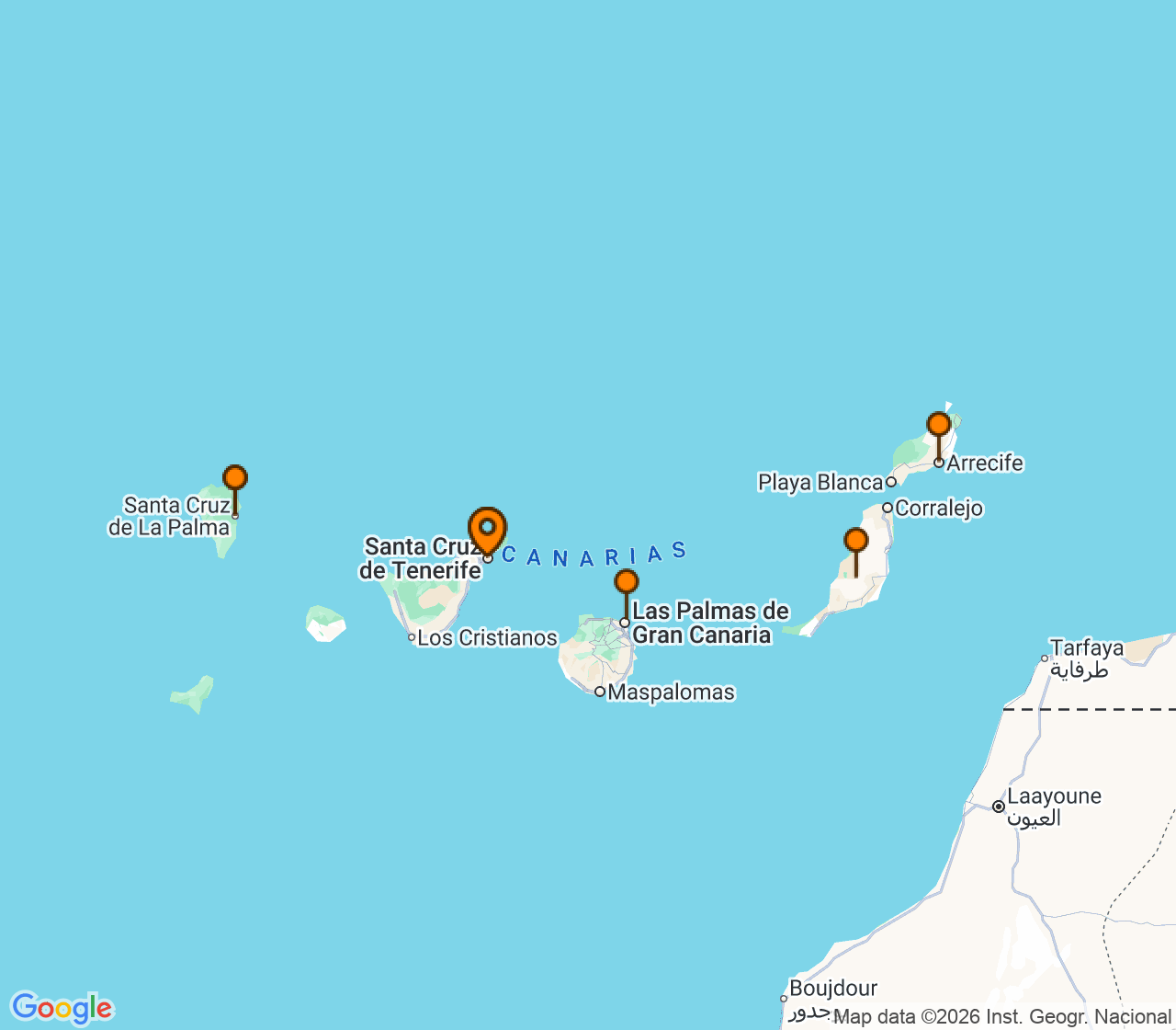 Harta itinerariu Croaziera 2028 - Mediterana (Santa Cruz de Tenerife, Insulele Canare) - Costa Cruises - Costa Smeralda - 7 nopti