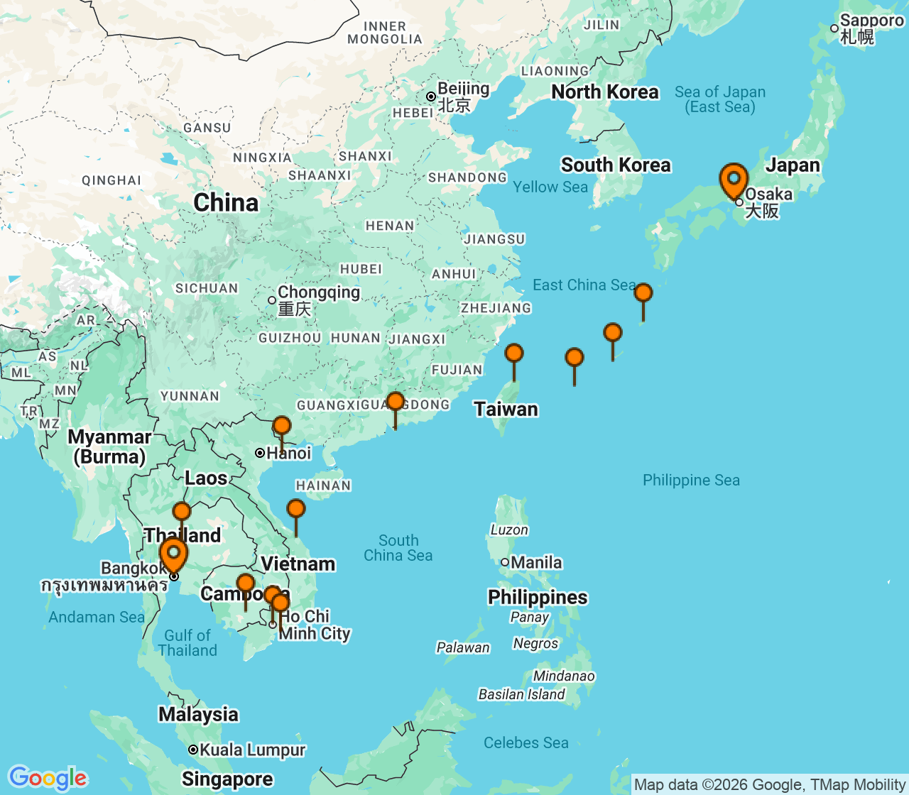 Harta itinerariu Croaziera 2027 - Asia (Orientul Indepartat) (Kobe, Japonia) - Windstar Cruises - Star Seeker - 20 nopti