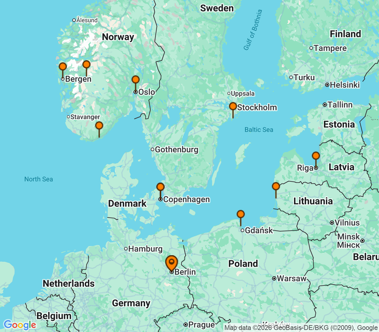 Harta itinerariu Croaziera 2027 - Europa de Nord (Berlin (Warnemunde), Germania) - MSC Cruises - MSC Magnifica - 14 nopti
