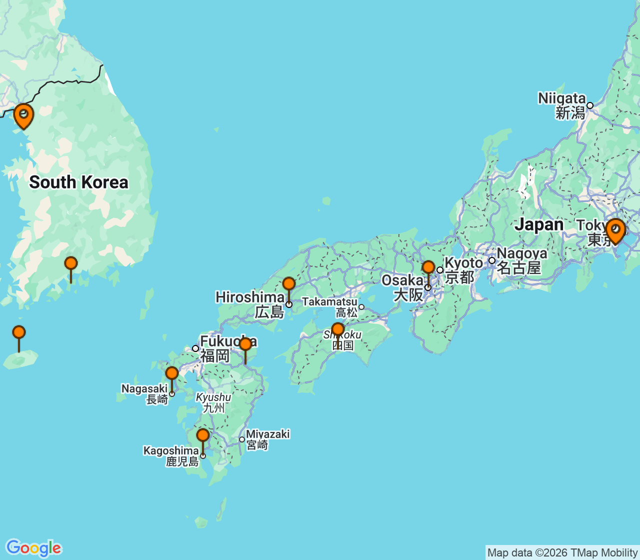 Harta itinerariu Croaziera 2029 - Asia (Orientul Indepartat) (Incheon, Coreea de Sud) - Regent Seven Seas Cruises - Seven Seas Splendor - 12 nopti