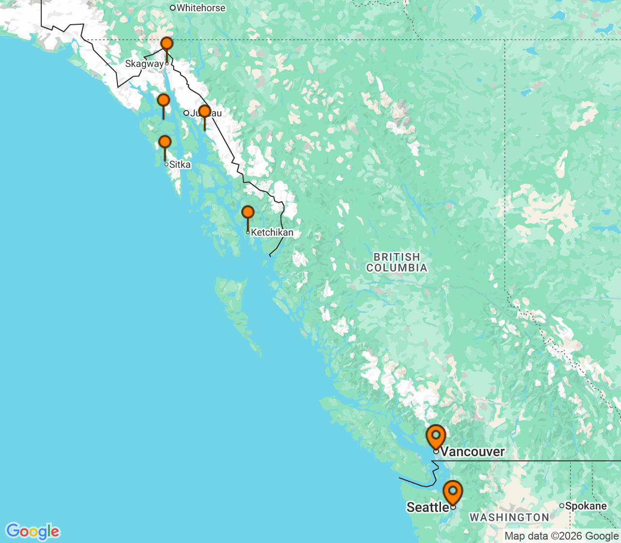 Harta itinerariu Croaziera 2026 - Alaska (Seattle, WA) - Virgin Voyages - Brilliant Lady - 8 nopti