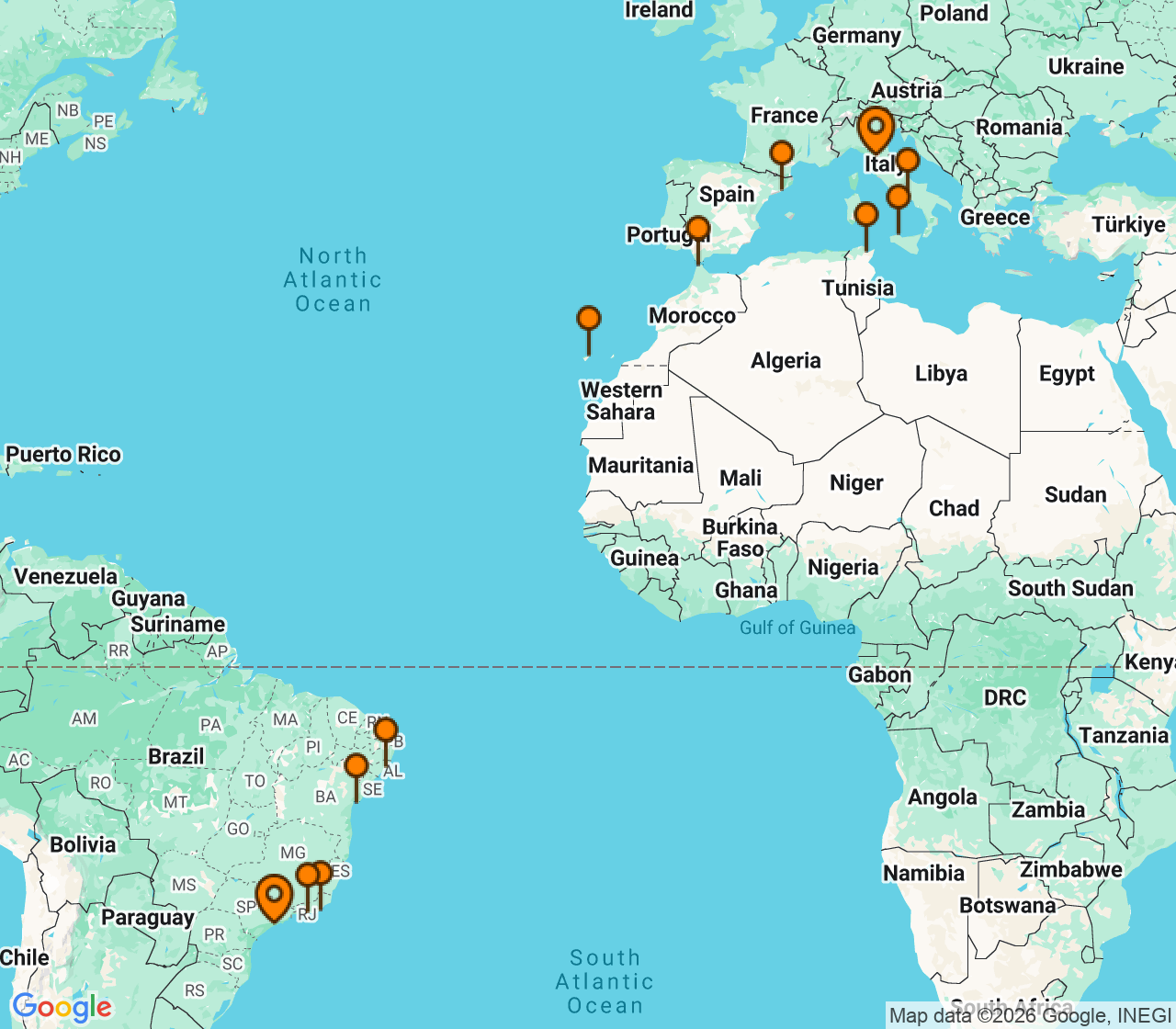 Harta itinerariu Croaziera 2028 - Repozitionari si Transoceanic (Santos, Brazilia) - MSC Cruises - MSC Virtuosa - 22 nopti