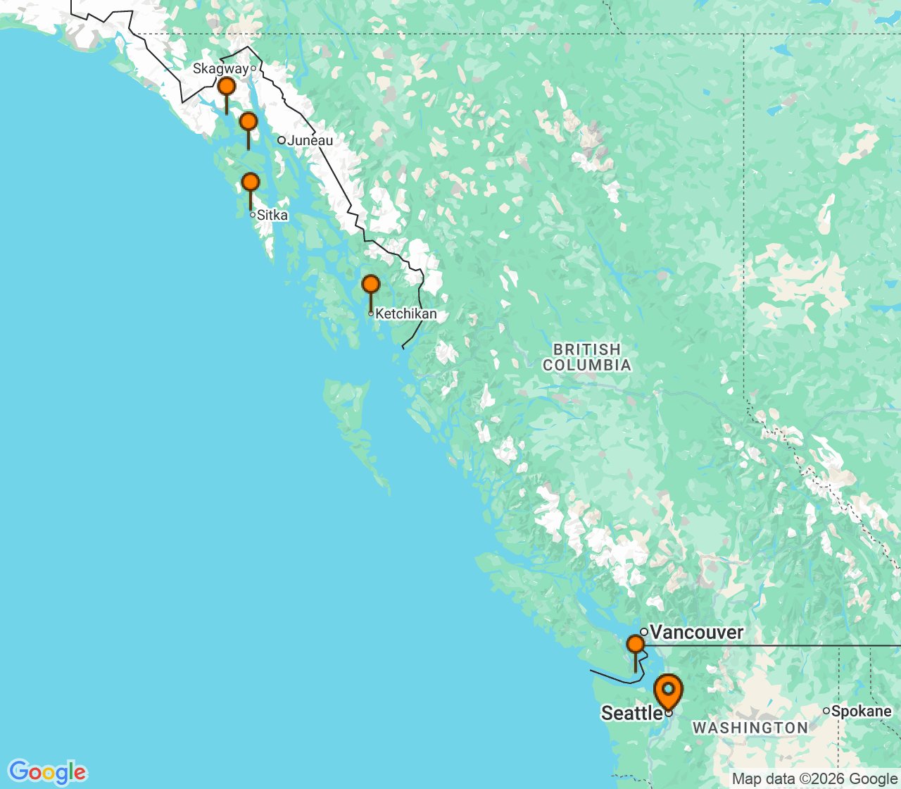 Harta itinerariu Croaziera 2028 - Alaska (Seattle, WA) - Norwegian Cruise Line - Norwegian Joy - 7 nopti