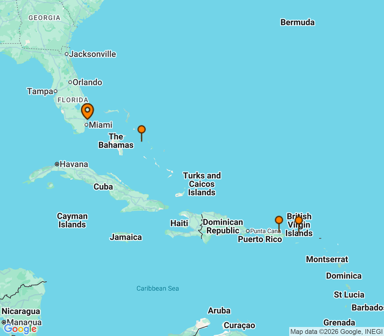 Harta itinerariu Croaziera 2026 - Caraibe si America Centrala (Port Everglades, USA) - Disney Cruise Line - Disney Dream - 7 nopti