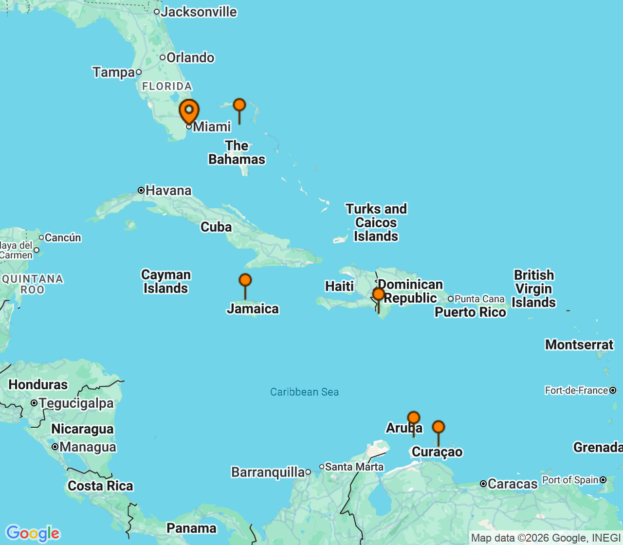 Harta itinerariu Croaziera 2028 - Caraibe si America Centrala (Miami, FL) - Norwegian Cruise Line - Norwegian Jewel - 9 nopti