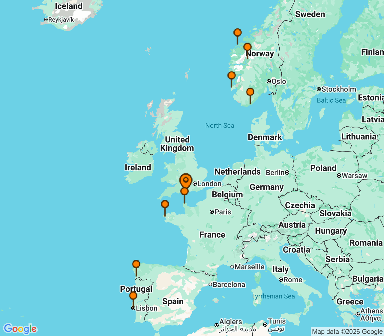 Harta itinerariu Croaziera 2027 - Europa de Nord (Southampton, Anglia) - MSC Cruises - MSC Meraviglia - 14 nopti