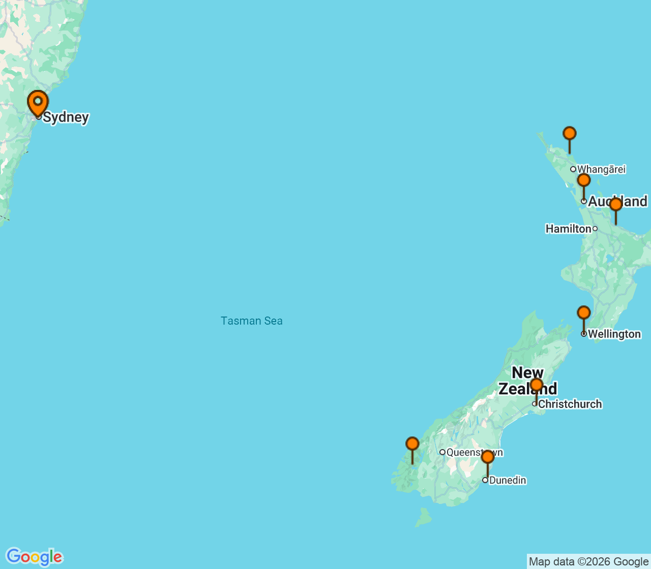 Harta itinerariu Croaziera 2027 - Australia si Noua Zeelanda (Sydney, Australia) - Princess Cruises - Royal Princess - 14 nopti