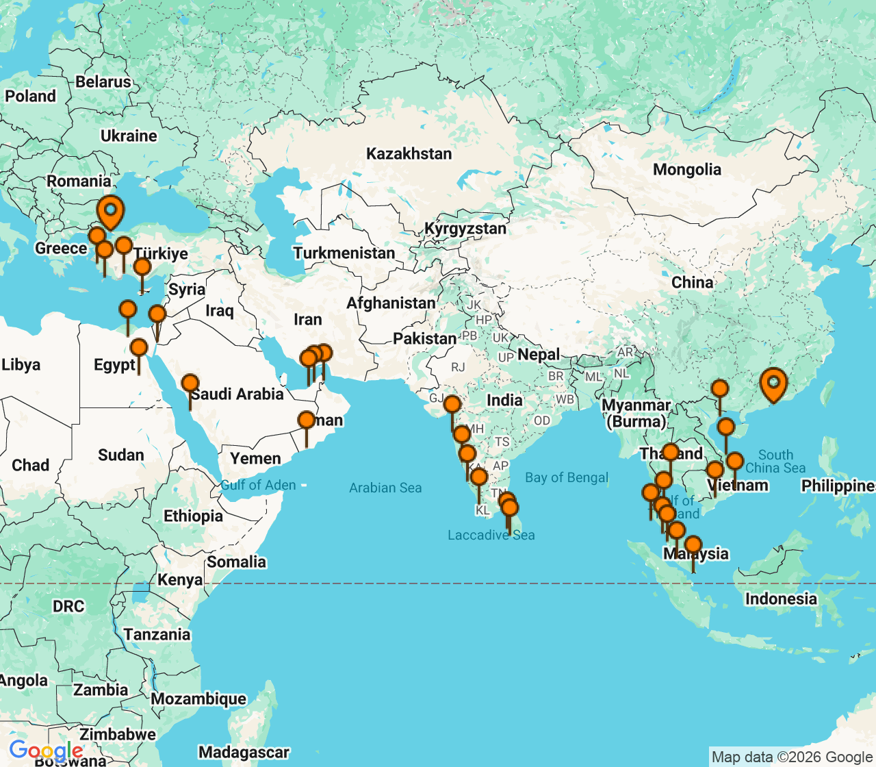 Harta itinerariu Croaziera 2027 - Grand Voyage si Tematice (Hong Kong, China) - Oceania Cruises - Nautica - 53 nopti