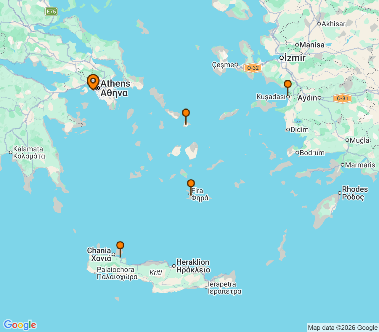 Harta itinerariu Croaziera 2028 - Mediterana (Atena (Piraeus), Grecia) - Virgin Voyages - Scarlet Lady - 7 nopti
