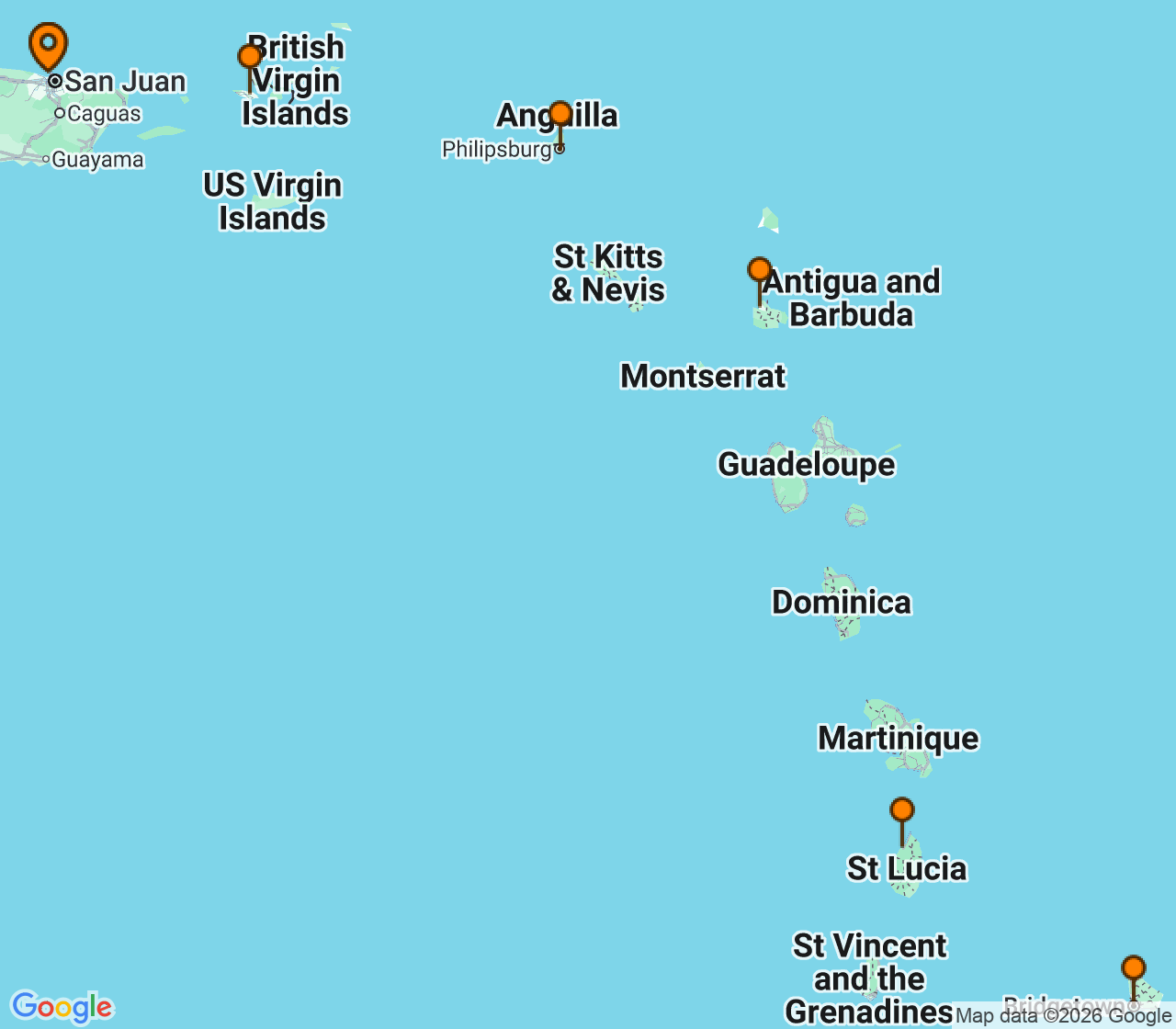 Harta itinerariu Croaziera 2028 - Caraibe si America Centrala (San Juan, Puerto Rico) - Virgin Voyages - Scarlet Lady - 7 nopti