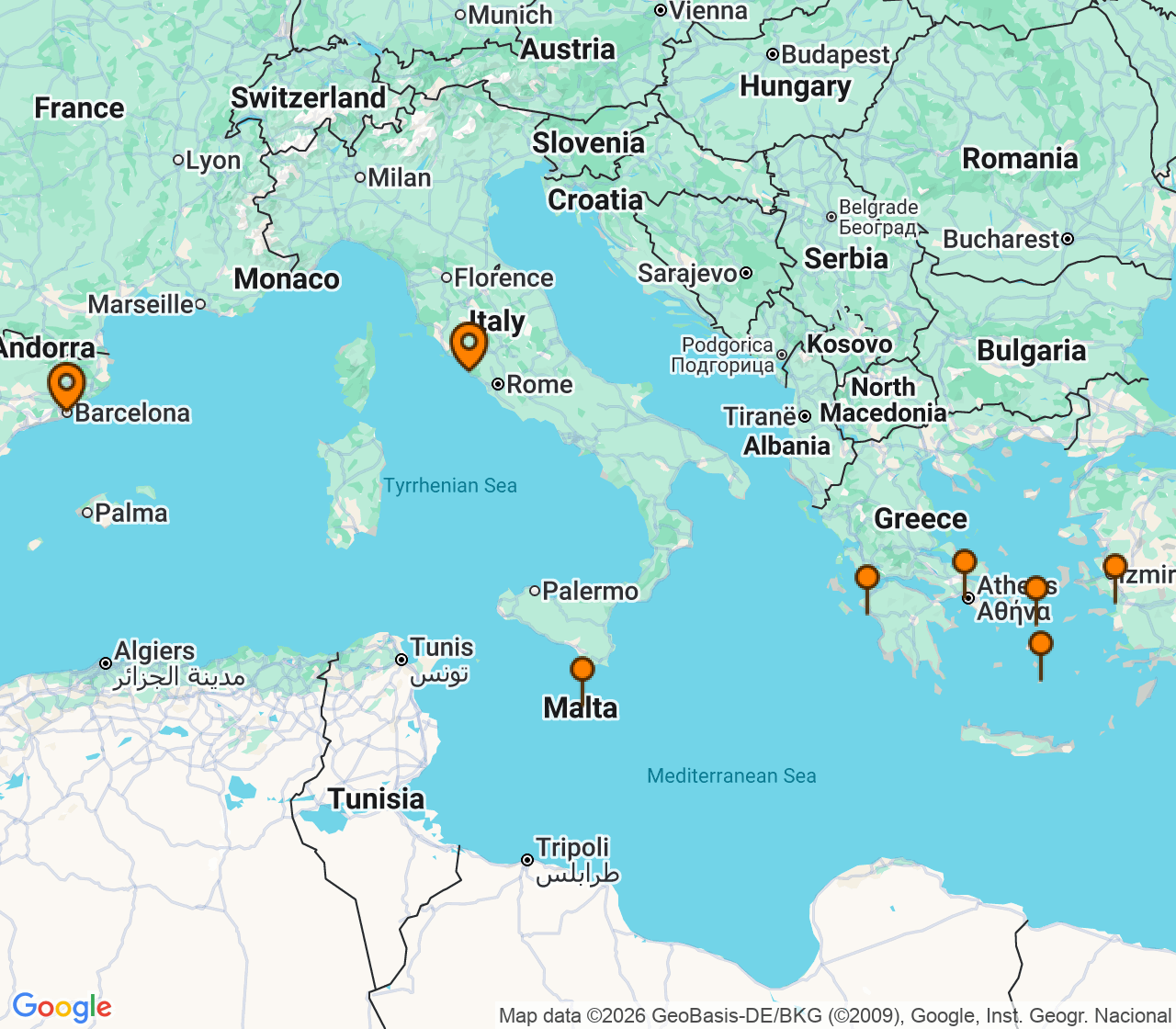 Harta itinerariu Croaziera 2027 - Mediterana (Barcelona, Spania) - Celebrity Cruises - Celebrity Equinox - 10 nopti
