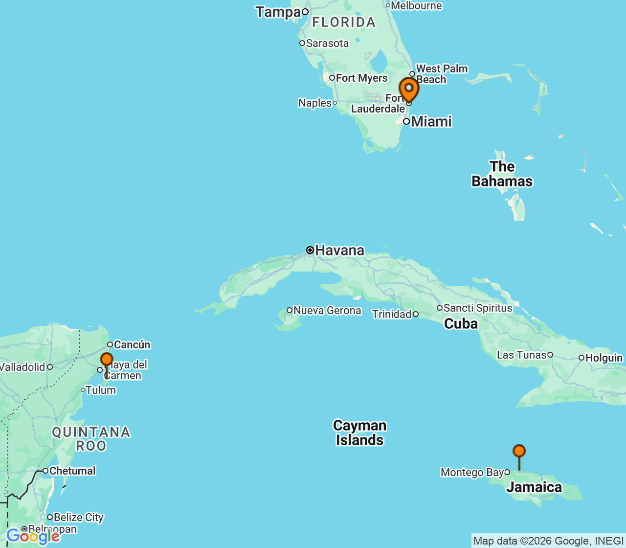 Harta itinerariu Croaziera 2028 - Caraibe si America Centrala (Fort Lauderdale, Florida) - Princess Cruises - Sky Princess - 7 nopti