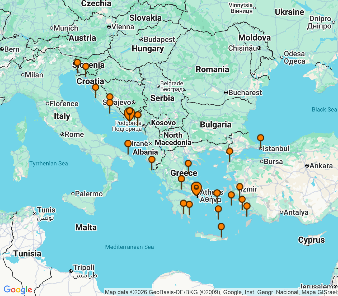 Harta itinerariu Croaziera 2028 - Mediterana (Atena (Piraeus), Grecia) - Seabourn - Seabourn Ovation - 28 nopti