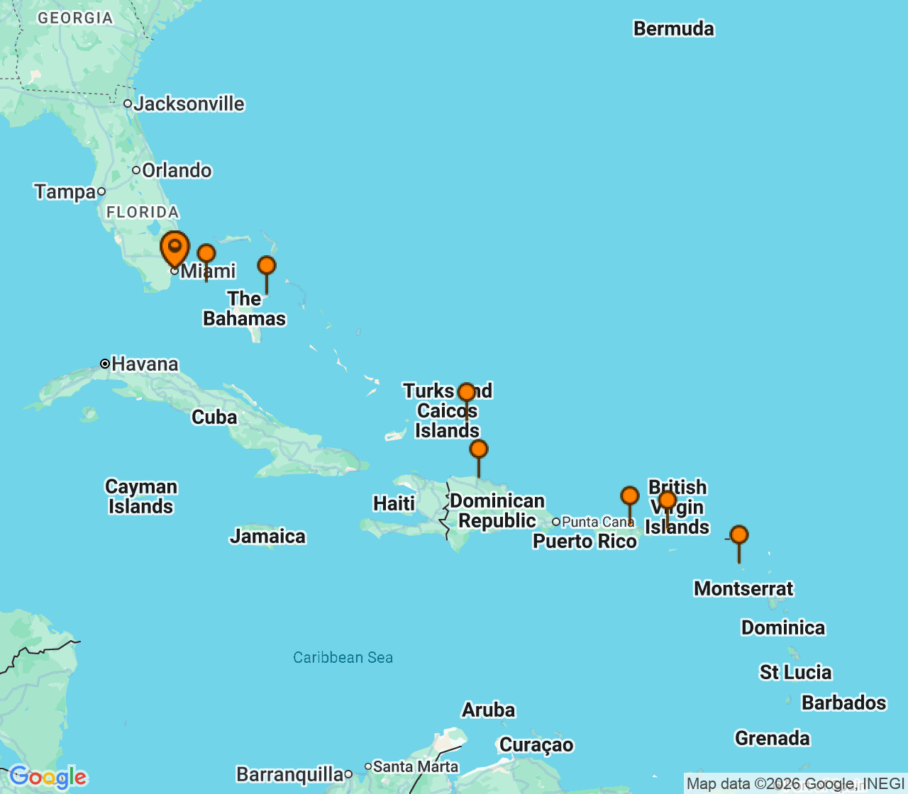 Harta itinerariu Croaziera 2026 - Caraibe si America Centrala (Miami, FL) - MSC Cruises - MSC Meraviglia - 14 nopti