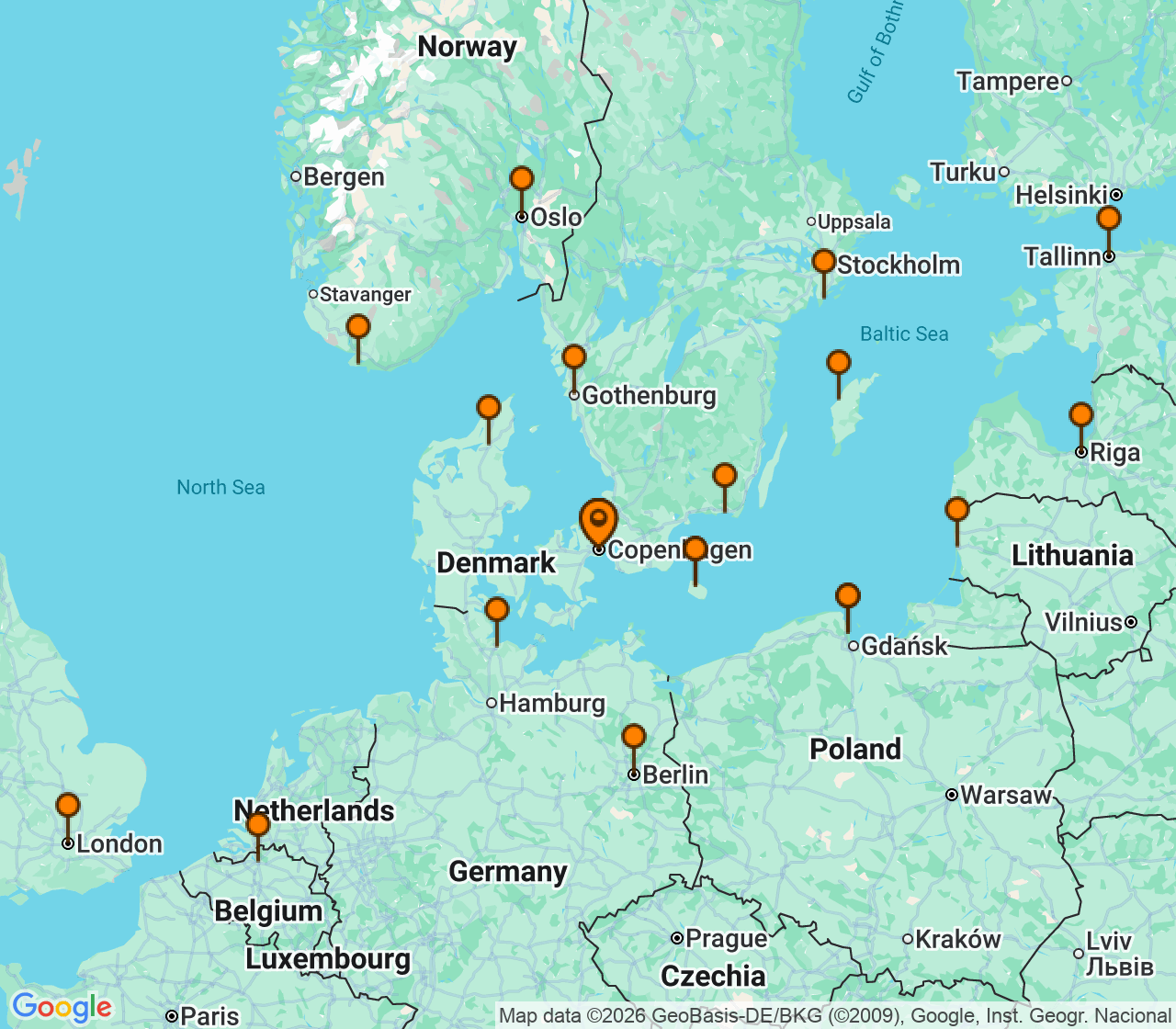 Harta itinerariu Croaziera 2027 - Europa de Nord (Copenhaga, Danemarca) - Seabourn - Seabourn Quest - 25 nopti