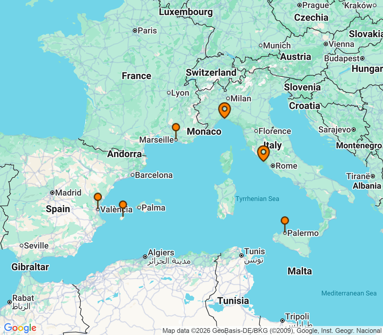 Harta itinerariu Croaziera 2027 - Mediterana (Roma (Civitavecchia), Italia) - MSC Cruises - MSC Musica - 6 nopti