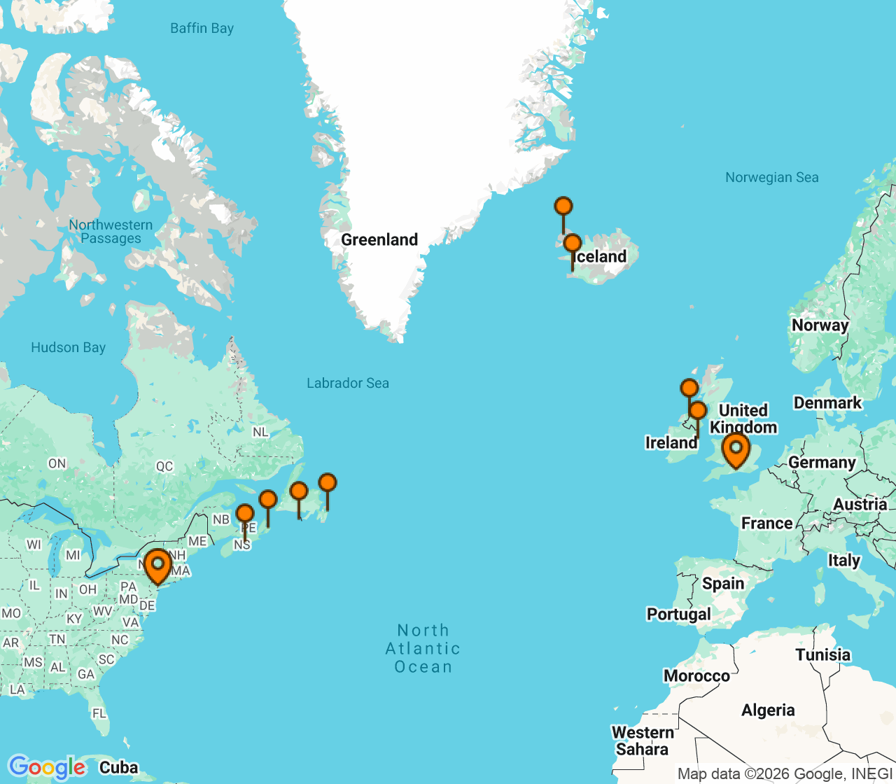 Harta itinerariu Croaziera 2027 - Repozitionari si Transoceanic (Southampton, Anglia) - Oceania Cruises - Sirena - 16 nopti