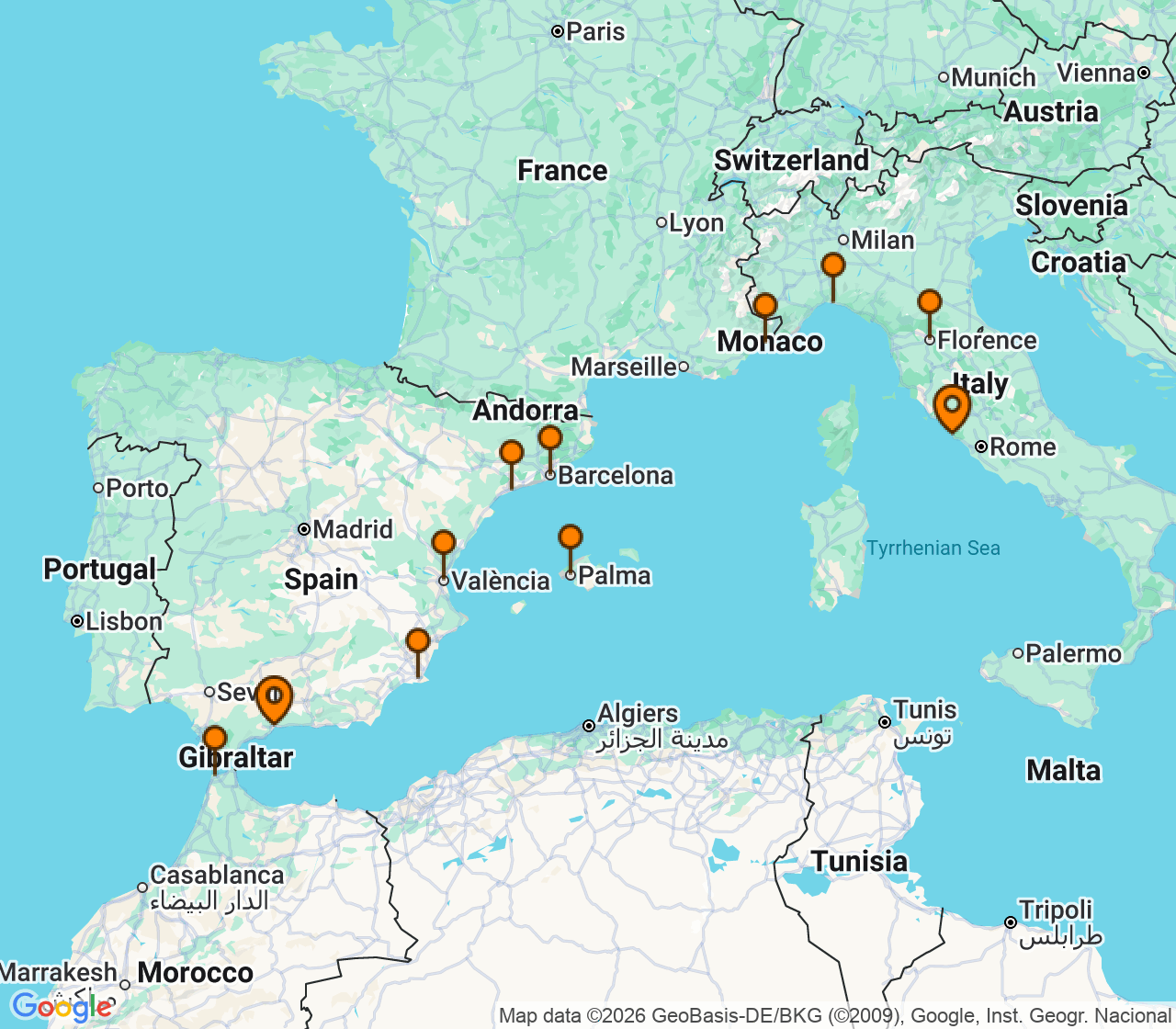 Harta itinerariu Croaziera 2028 - Mediterana (Malaga, Spania) - Windstar Cruises - Wind Spirit - 14 nopti
