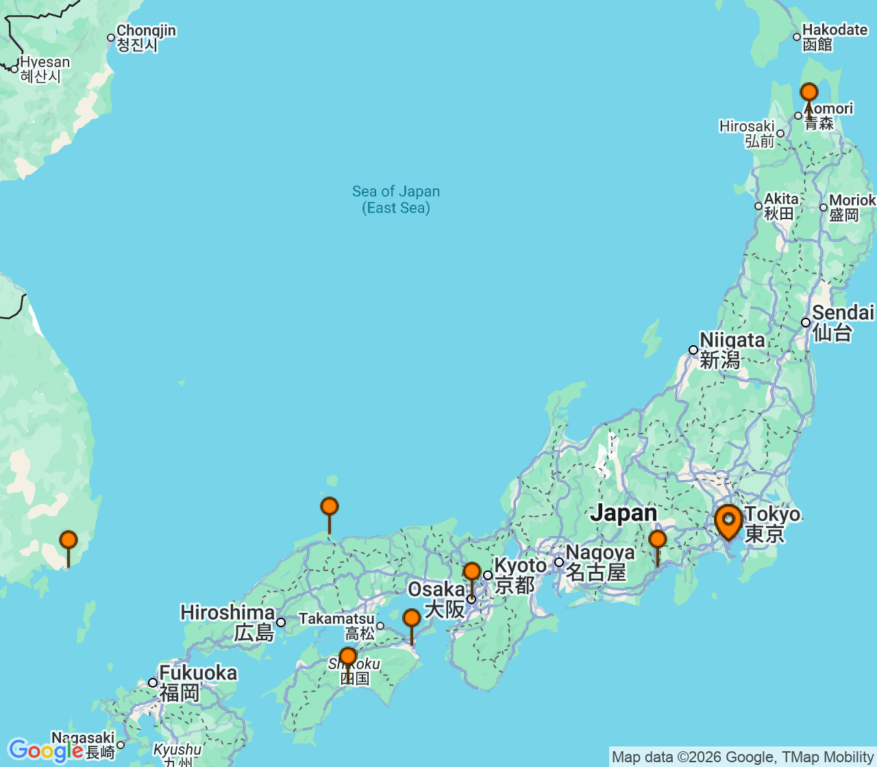 Harta itinerariu Croaziera 2027 - Asia (Orientul Indepartat) (Tokyo (Yokohama), Japonia) - Princess Cruises - Diamond Princess - 11 nopti