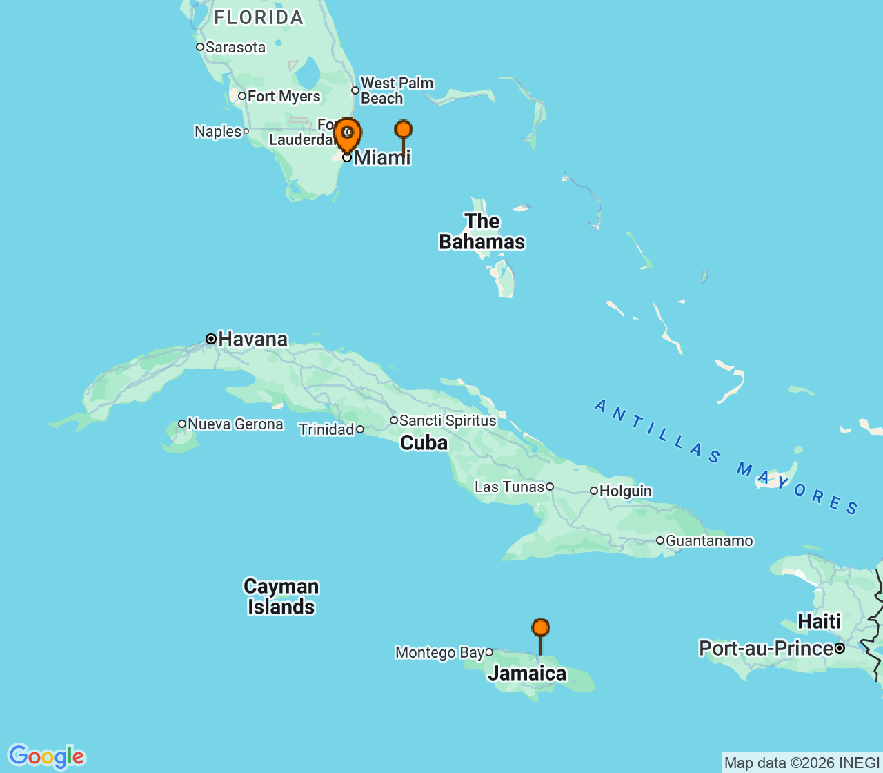 Harta itinerariu Croaziera 2026 - Caraibe si America Centrala (Miami, FL) - Virgin Voyages - Scarlet Lady - 5 nopti