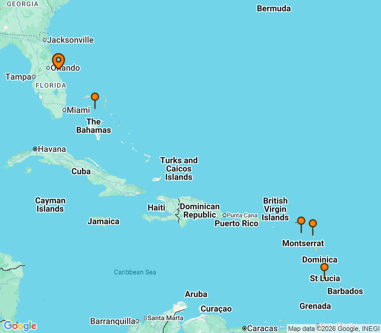 Harta itinerariu Croaziera 2027 - Caraibe si America Centrala (Port Canaveral, FL) - Royal Caribbean Cruise Line - Adventure of the Seas - 9 nopti
