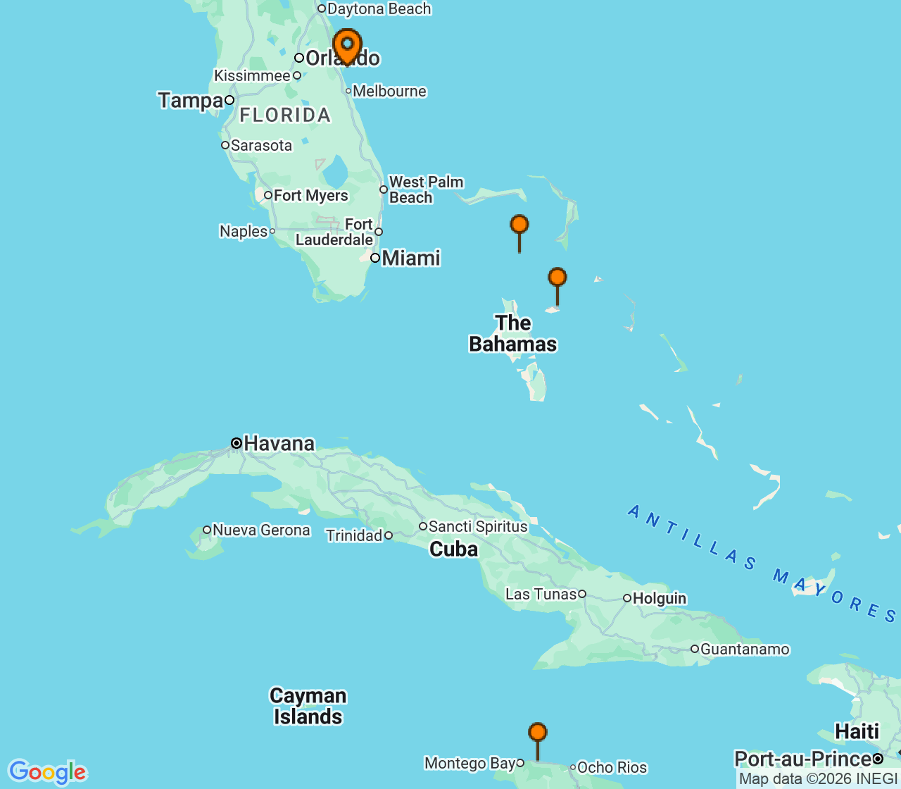 Harta itinerariu Croaziera 2026 - Caraibe si America Centrala (Port Canaveral, FL) - Royal Caribbean Cruise Line - Harmony of the Seas - 6 nopti