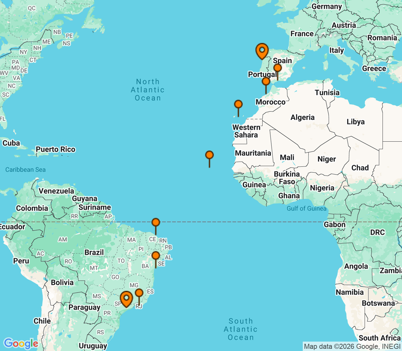 Harta itinerariu Croaziera 2027 - Repozitionari si Transoceanic (Sao Paolo, Brazilia) - Costa Cruises - Costa Diadema - 18 nopti