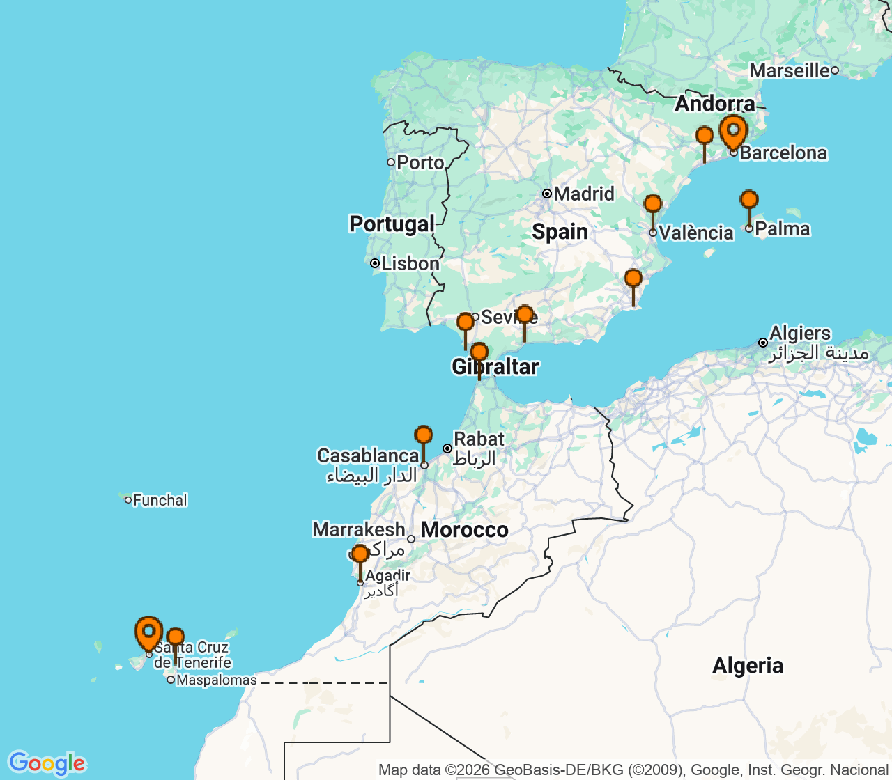 Harta itinerariu Croaziera 2028 - Mediterana (Santa Cruz de Tenerife, Insulele Canare) - Windstar Cruises - Wind Spirit - 18 nopti