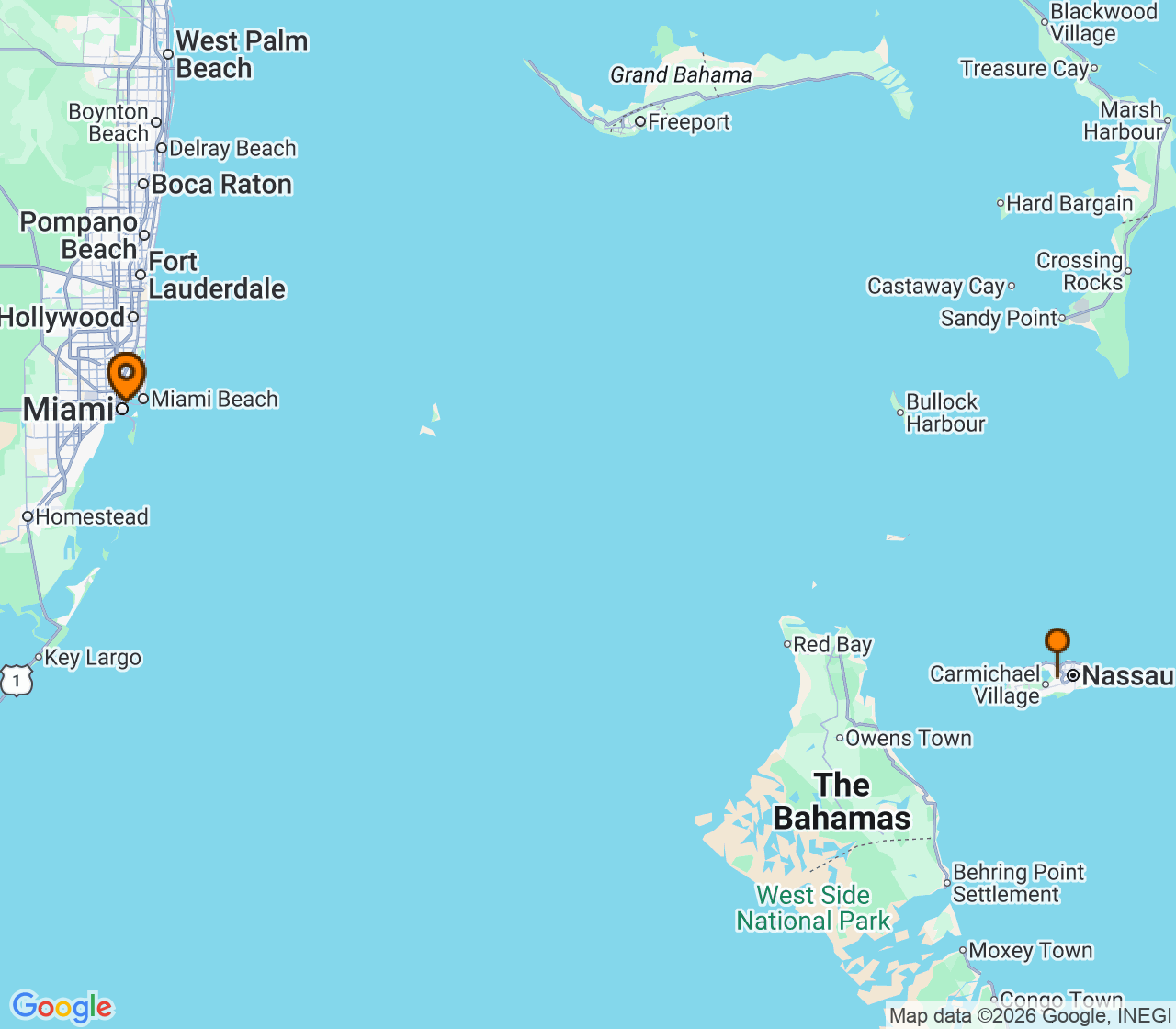 Harta itinerariu Croaziera 2026 - Caraibe si America Centrala (Miami, FL) - Carnival Cruise Line - Carnival Conquest - 3 nopti