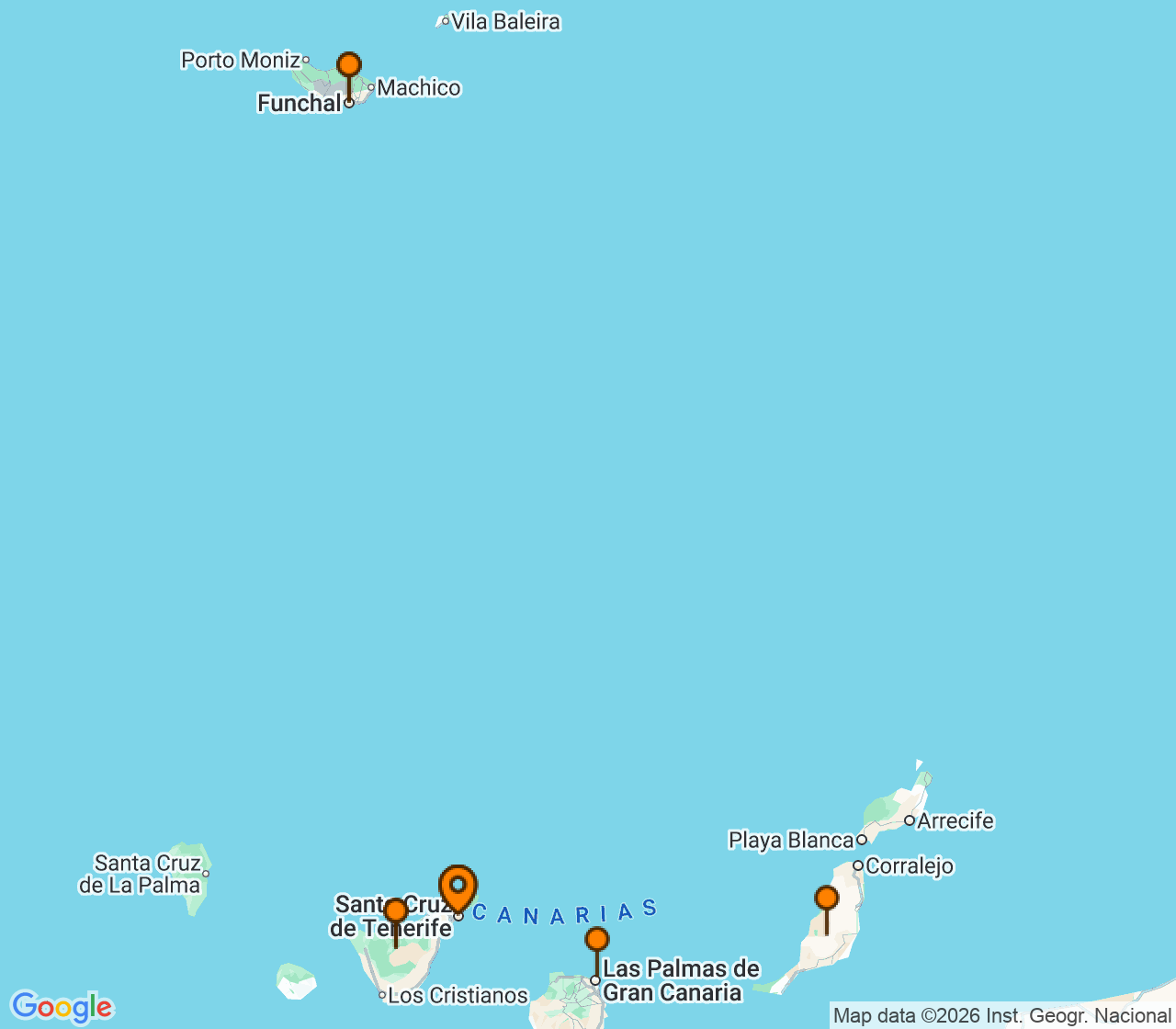 Harta itinerariu Croaziera 2027 - Mediterana (Santa Cruz de Tenerife, Insulele Canare) - Costa Cruises - Costa Smeralda - 7 nopti