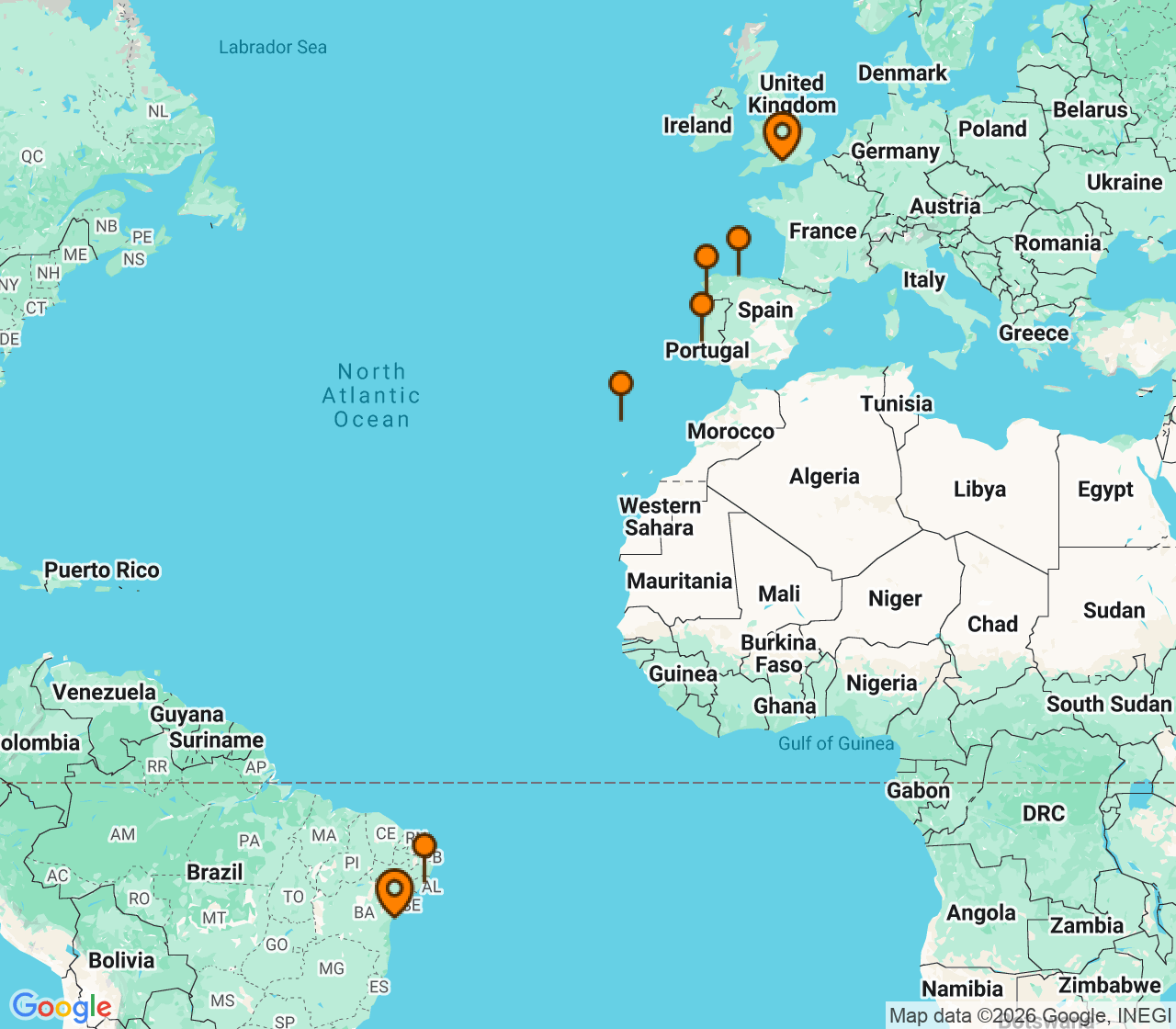Harta itinerariu Croaziera 2027 - Repozitionari si Transoceanic (Southampton, Anglia) - MSC Cruises - MSC Meraviglia - 15 nopti