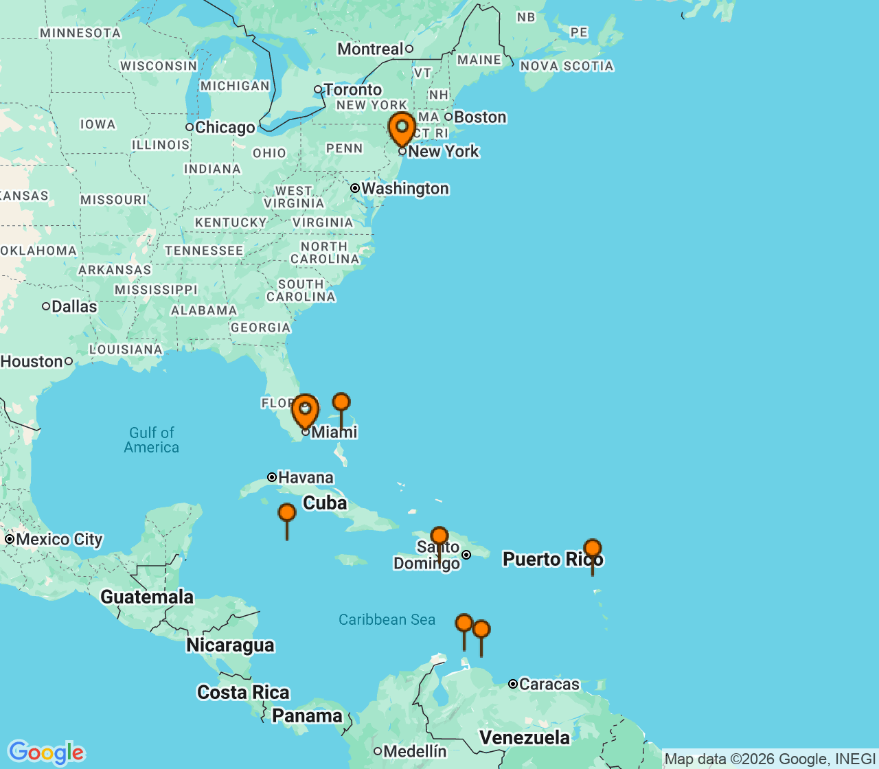 Harta itinerariu Croaziera 2027 - Caraibe si America Centrala (New York (Brooklyn), NY) - Regent Seven Seas Cruises - Seven Seas Grandeur - 14 nopti